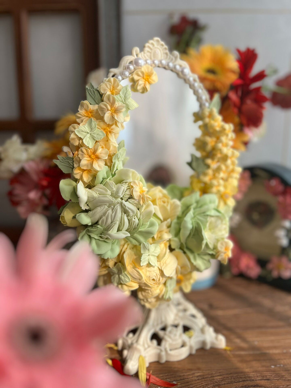 Clay Piped Floral Oval Vanity Mirror