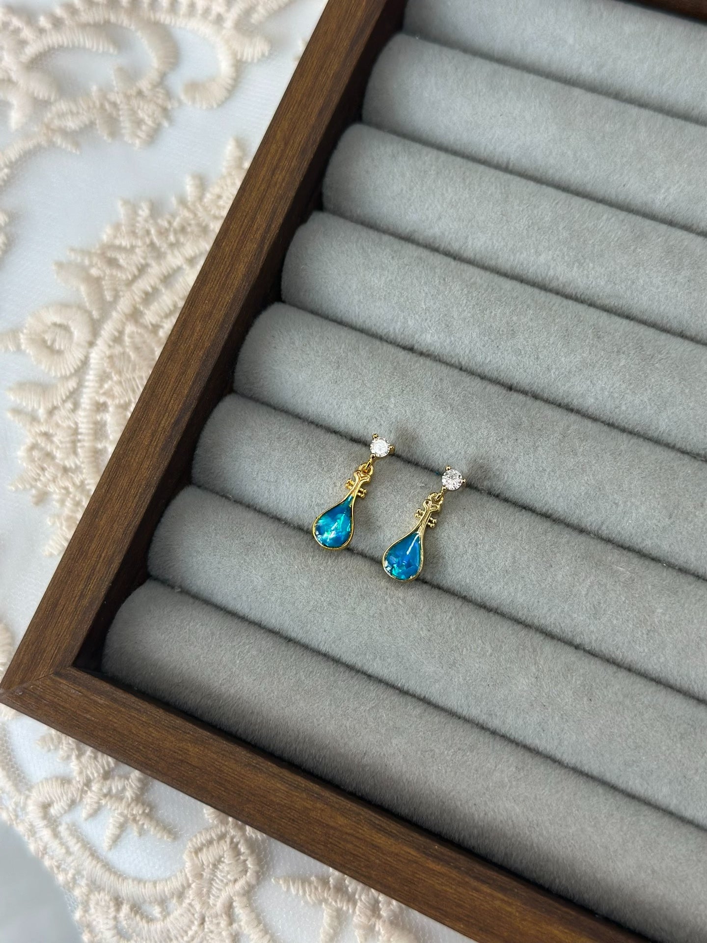 Blue Tears Abalone Shell Inlay Earrings - Pipa Shape, 925 Silver