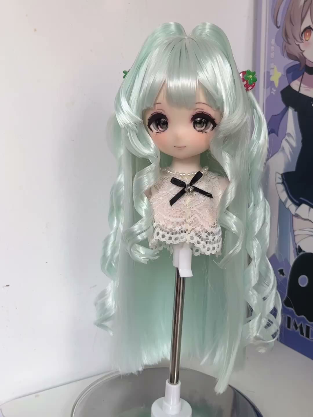 Doll Wig Mint Green with Curled Pigtails