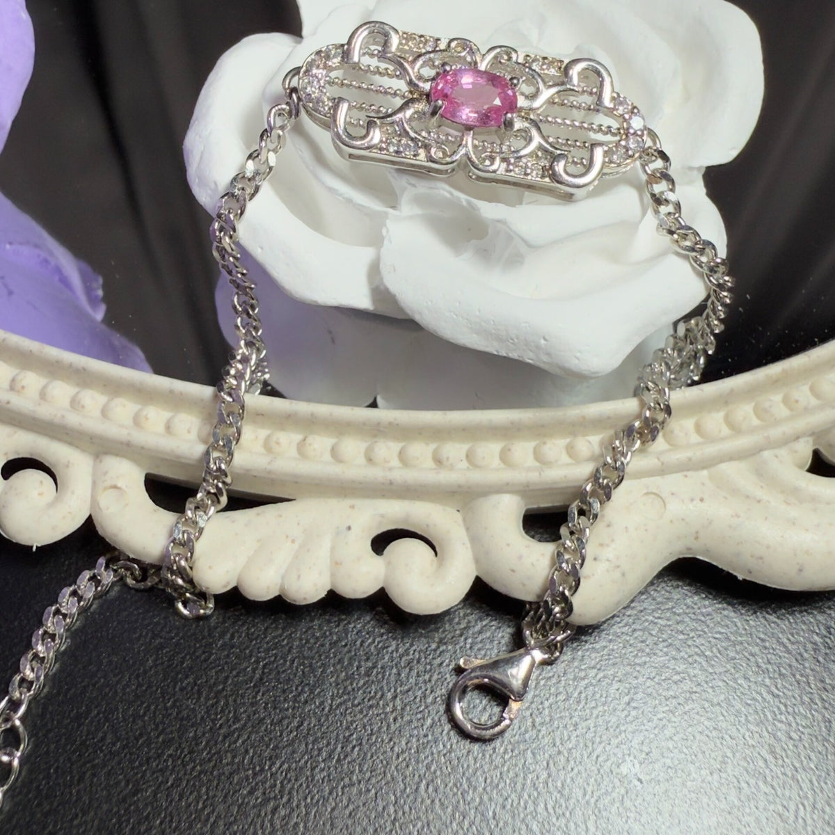 Roze Saffier Filigran Armband 925 Zilver
