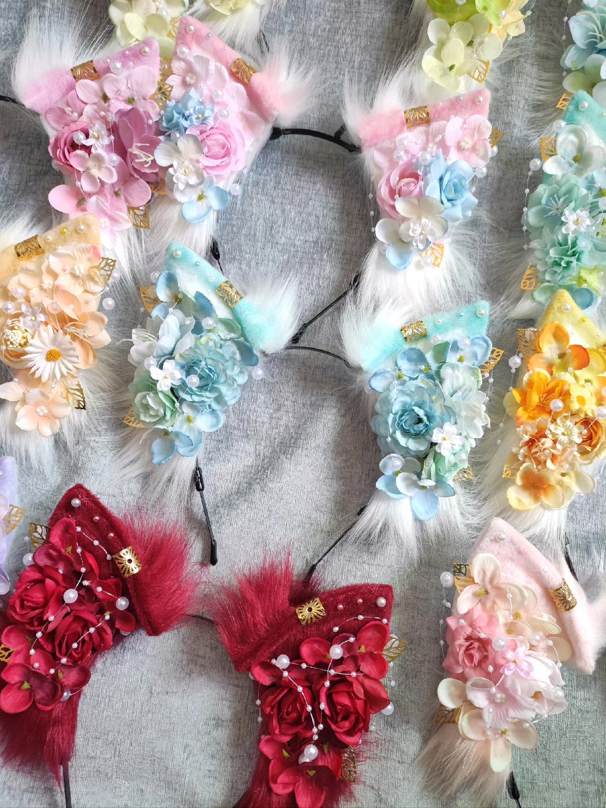 Faux Fur Animal Ear Headband with Blue Flowers