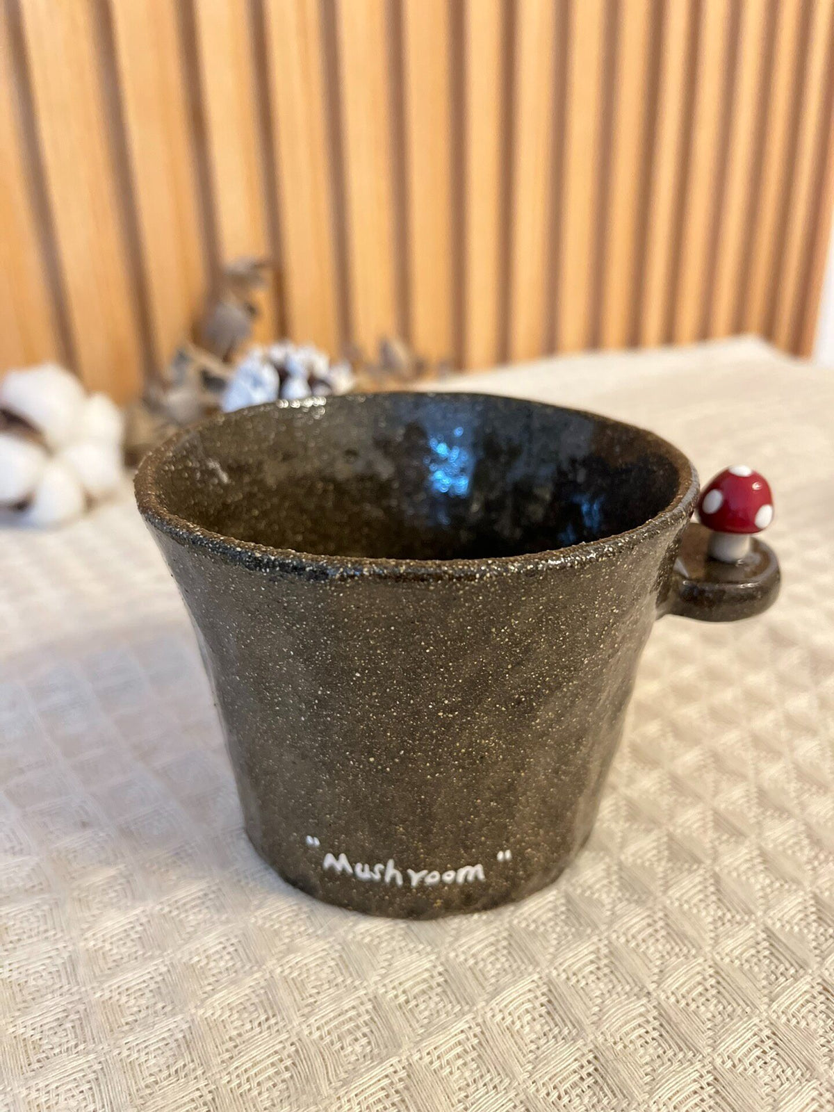 Handmade Black Pottery Mushroom Handle Cup
