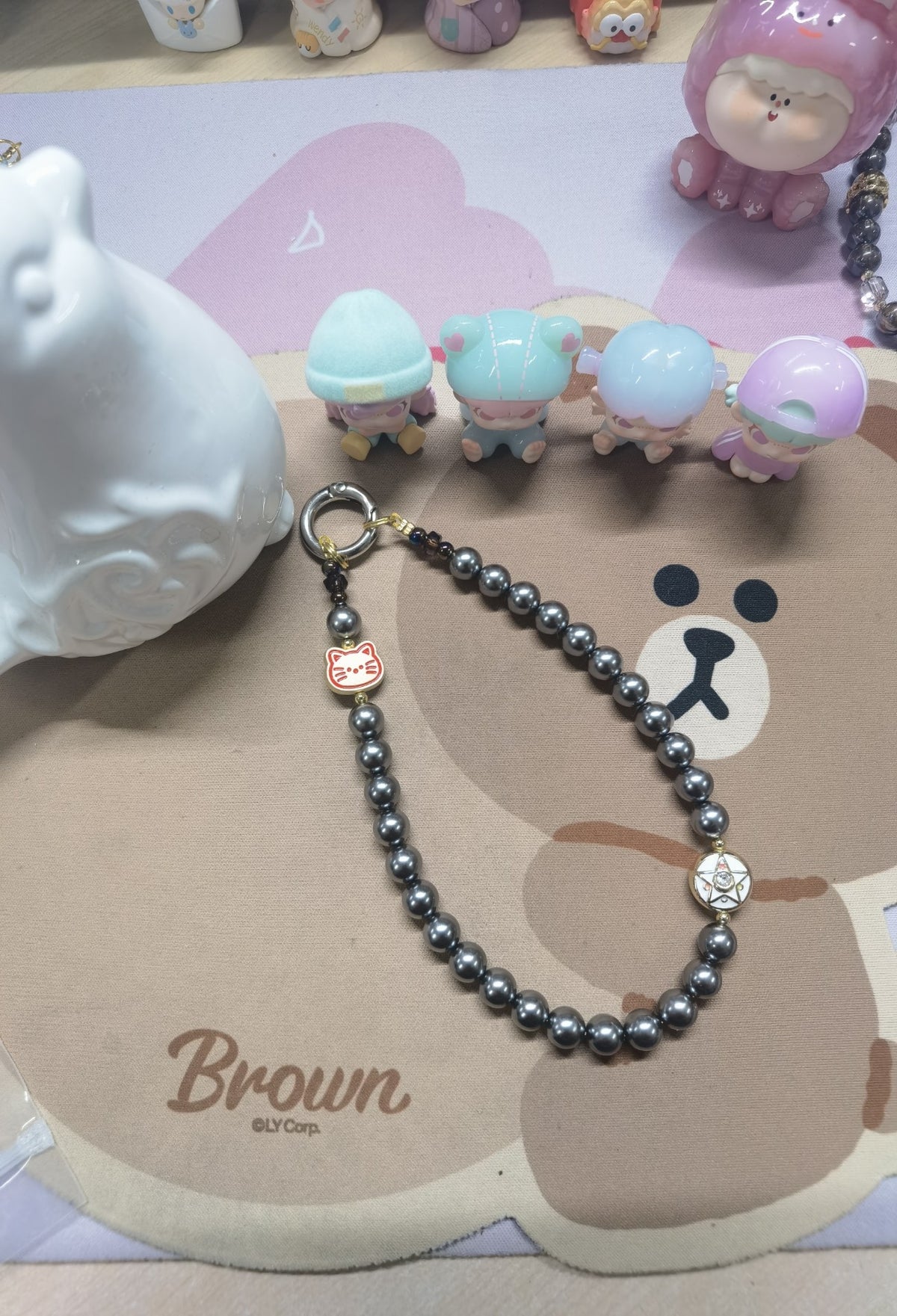Handcrafted Black Pearl Cat Star Phone Charm