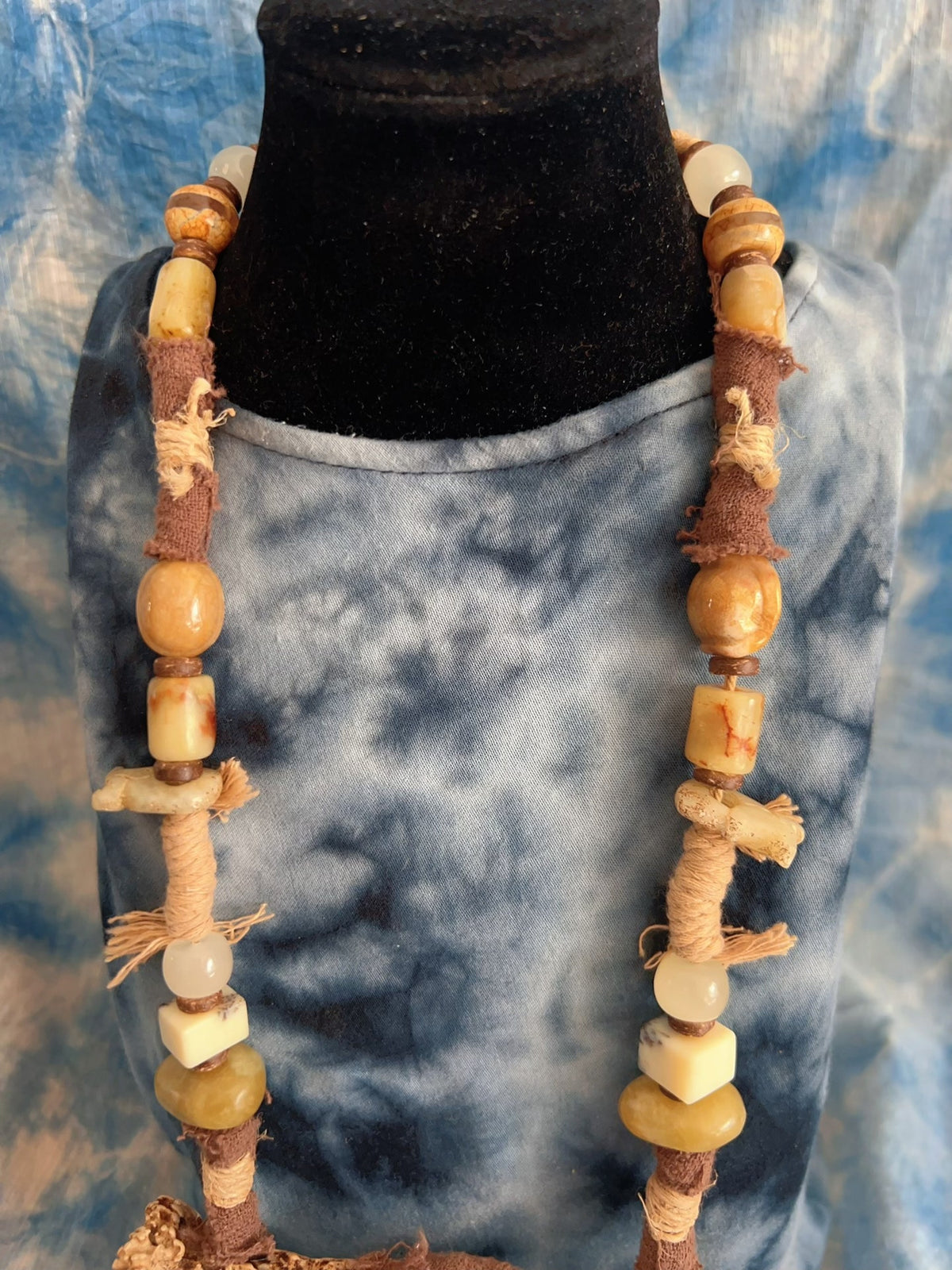 Handwoven Antler Necklace with Carved Stone Pendant