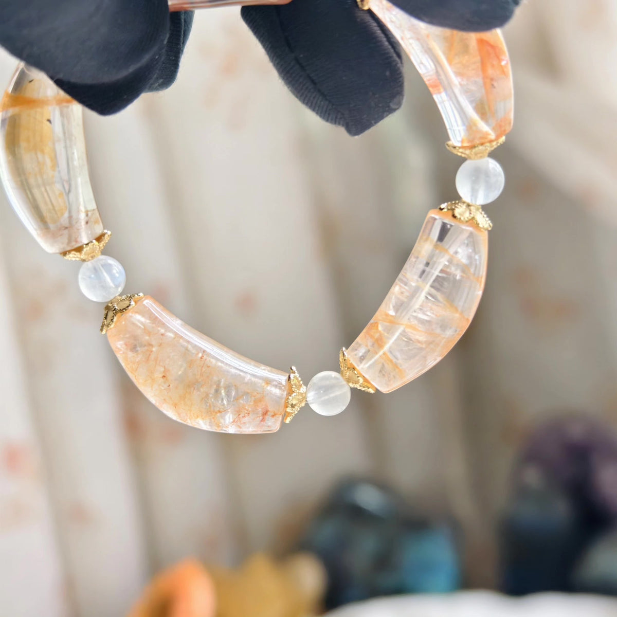 Curved Quartz Blue Moonstone Beaded Bracelet