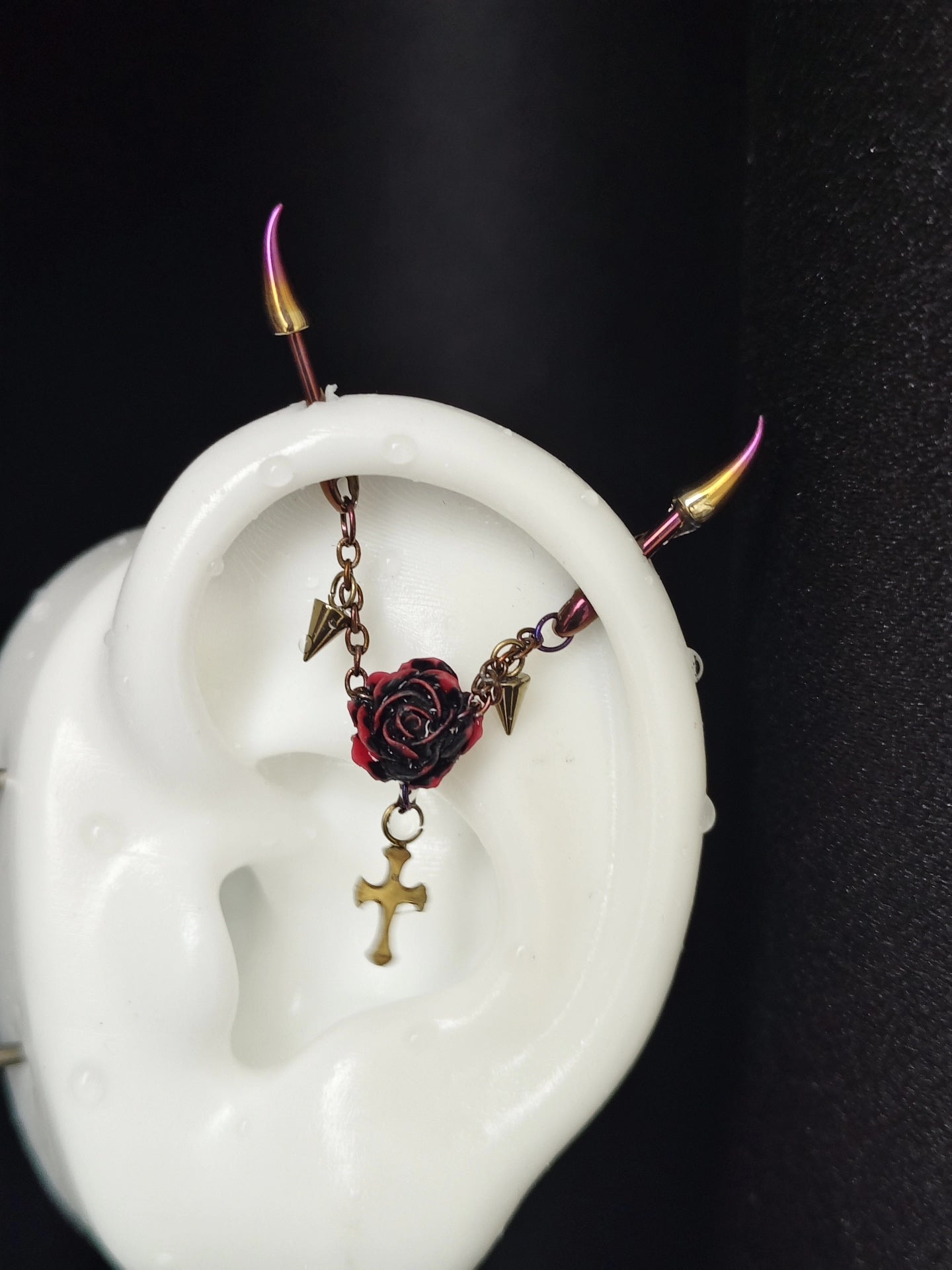 Titanium Alloy Gothic Ear Cuffs with Chain, Rose, and Cross Charms