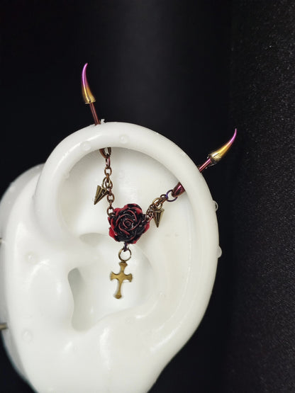 Titanium Alloy Gothic Ear Cuffs with Chain, Rose, and Cross Charms