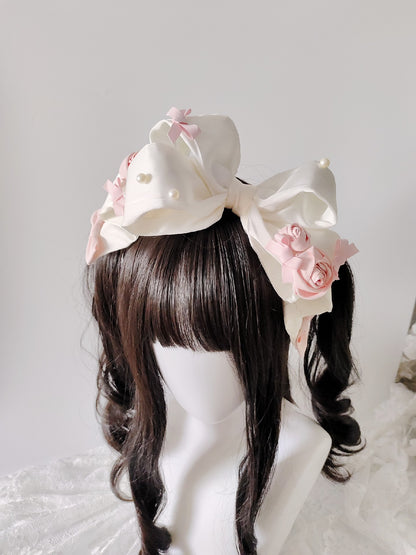 Satin Bow Headband with Fabric Roses and Pearl Accents