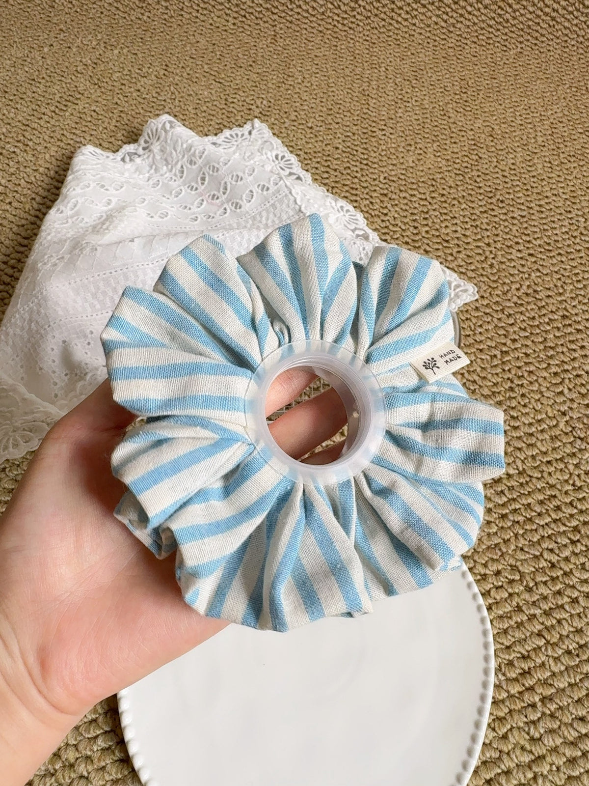 Handmade Gray Blue Striped Hair Tie