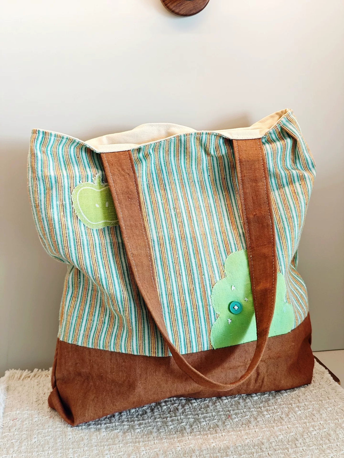 Handwoven Striped Tote Bag with Apple Applique