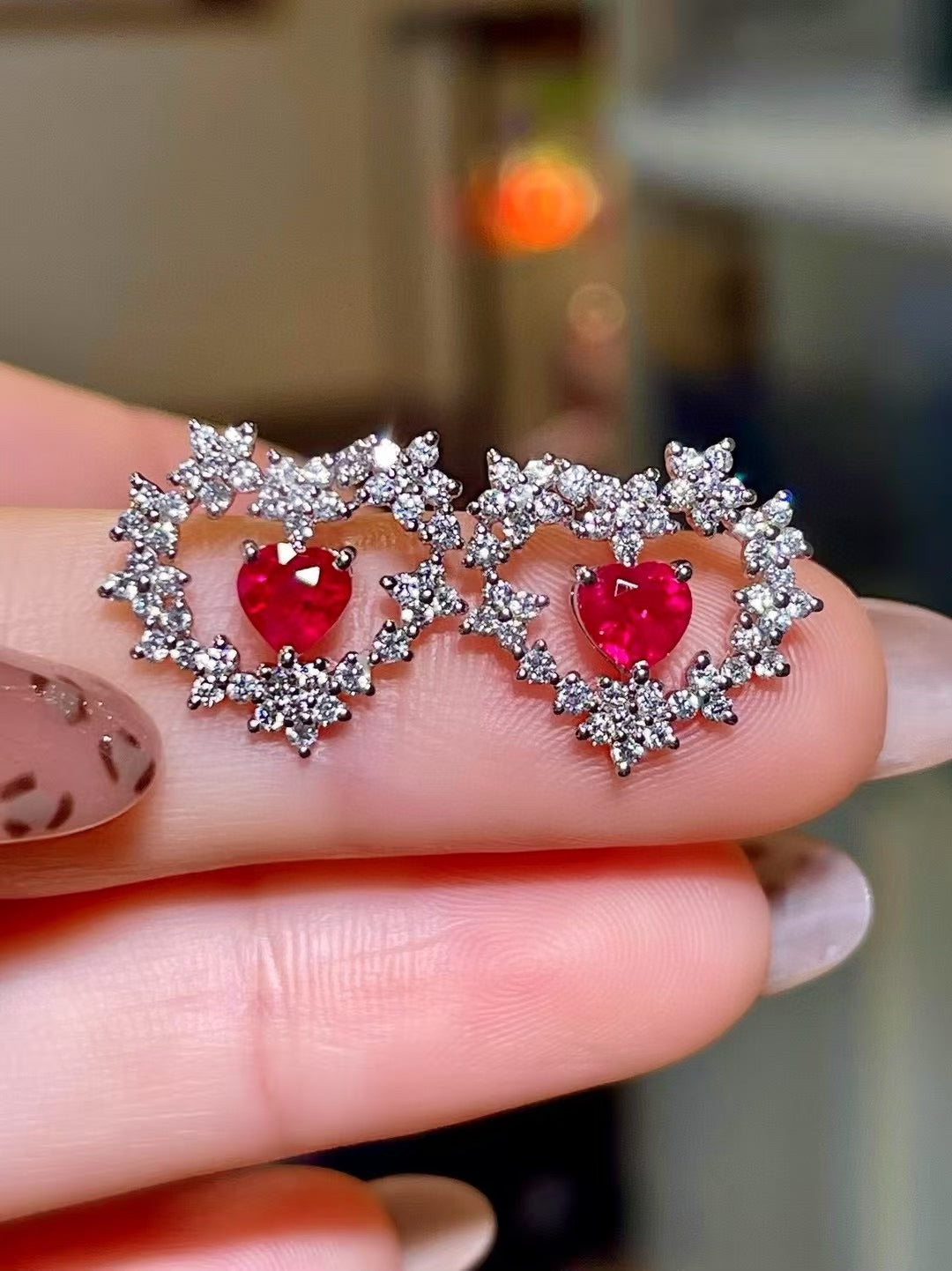 18K Gold Heart-Cut Ruby Stud Earrings, 1.03ct Pigeon Blood, GRC Certified