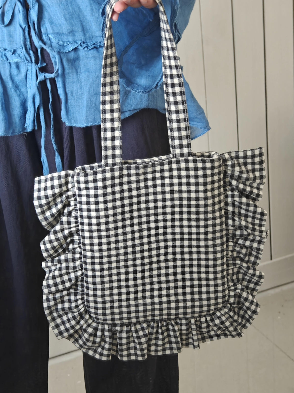 Zwart-Wit Geblokte Ruche Tote Bag