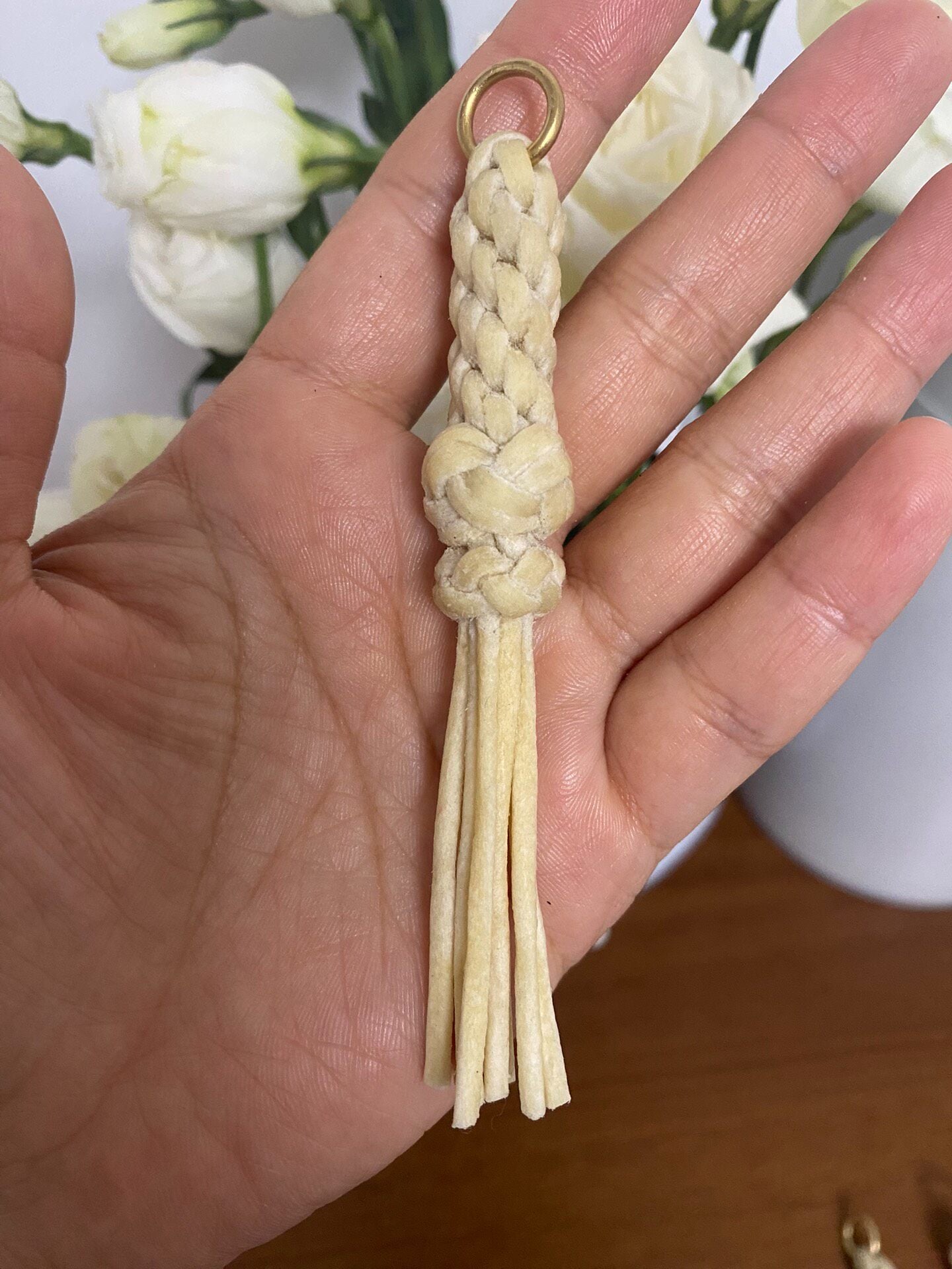Handwoven Sheepskin Rope Keychain with Brass Ring