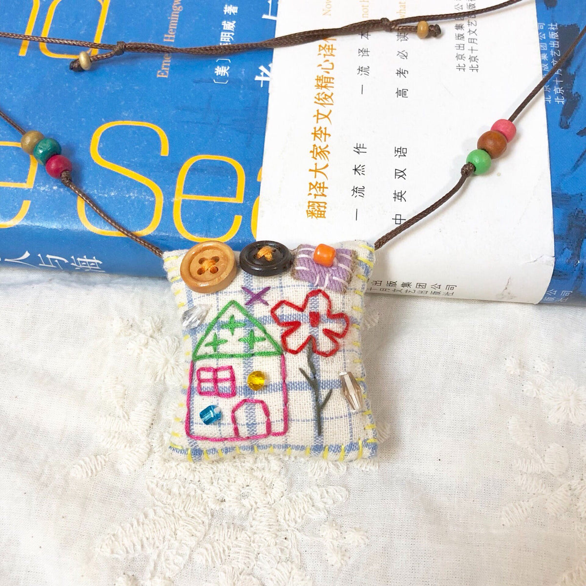 Handmade Fabric Pendant Necklace House Red Flower