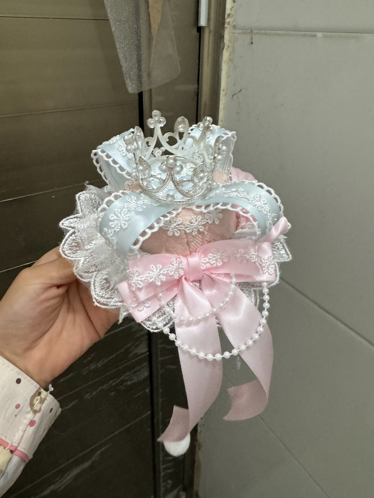 Blue Pink Lace Hat with Mini Tiara