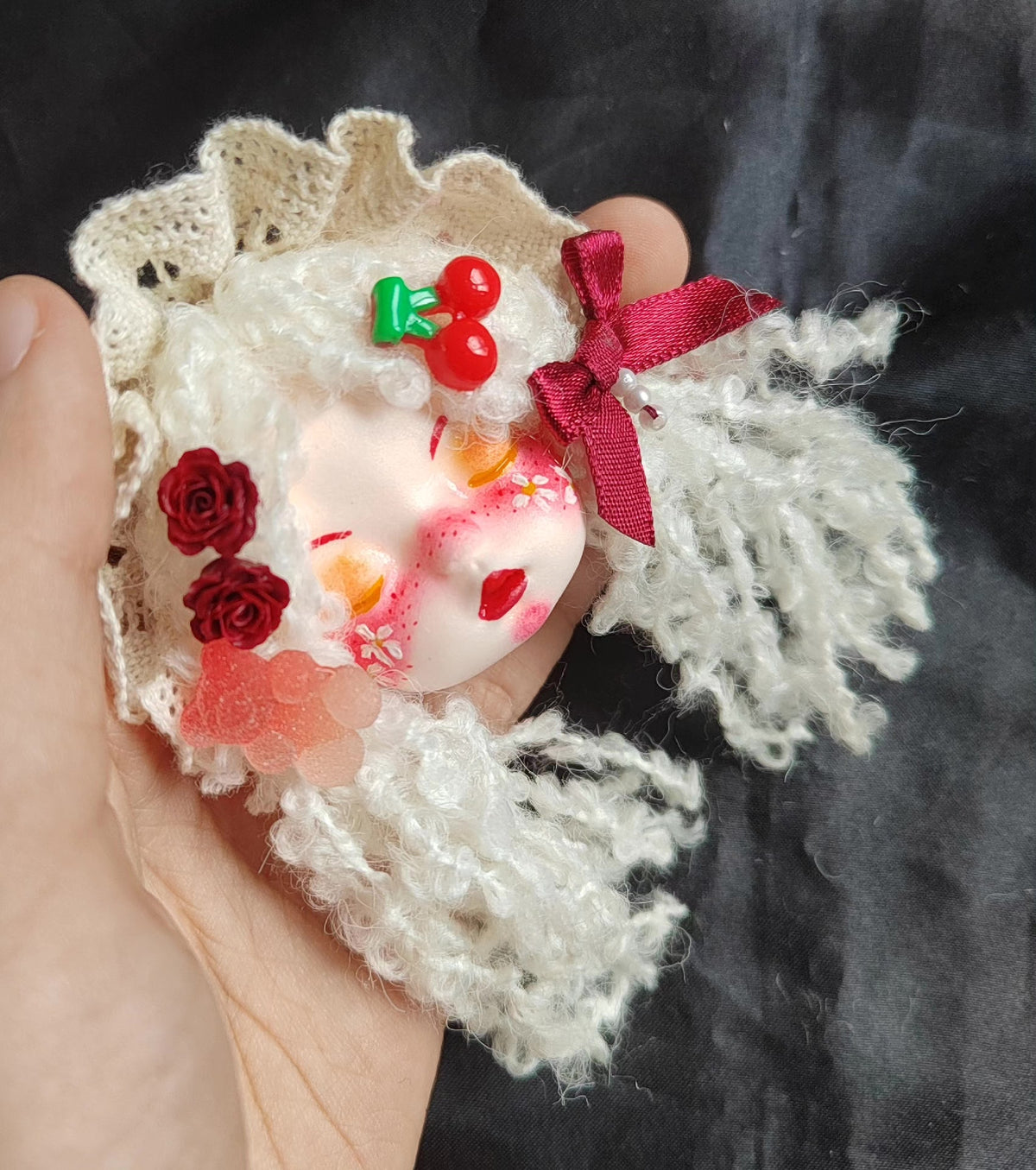 Handmade Clay Doll Head Brooch Lolita Accessory