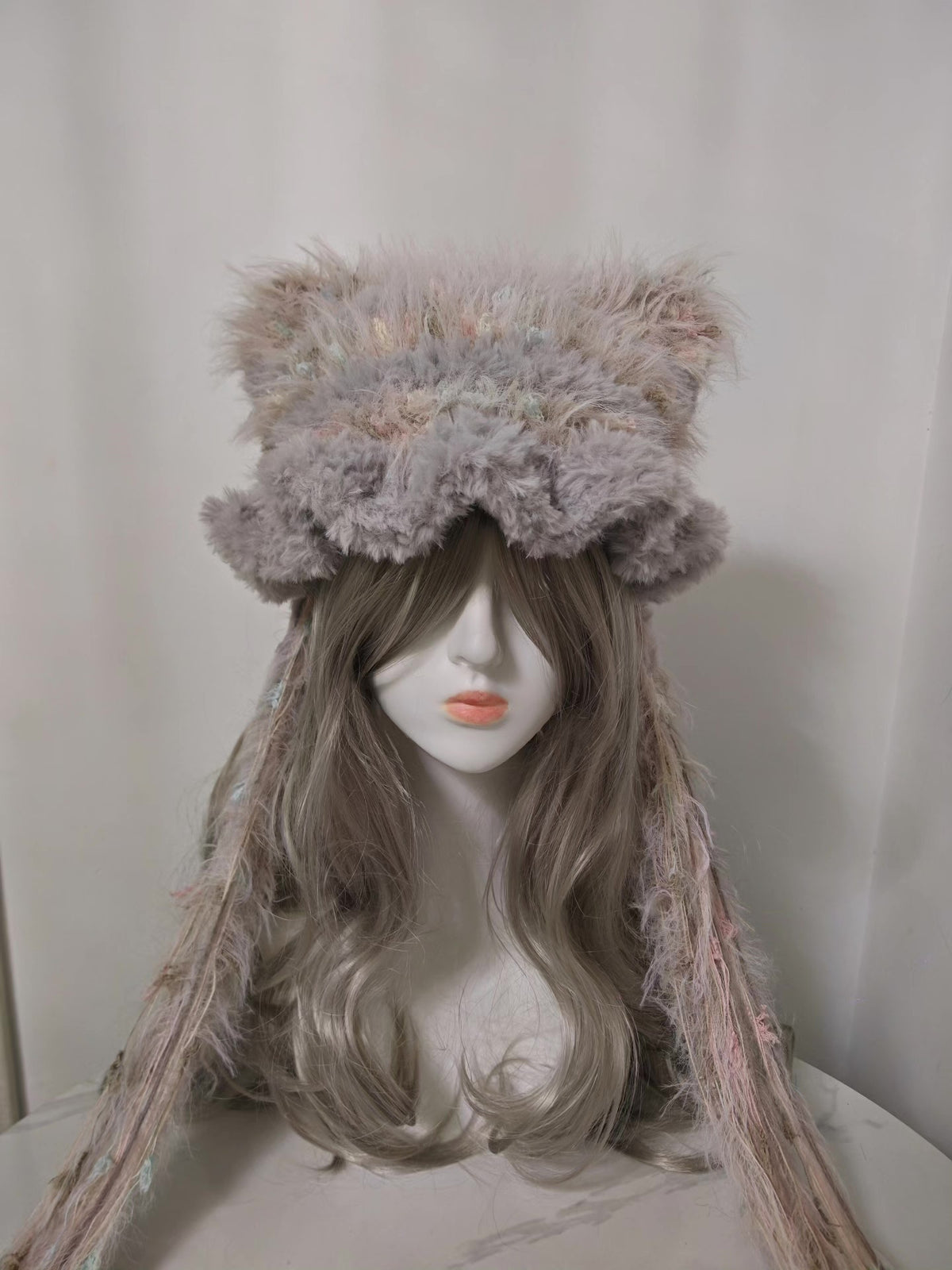 Gray Pink Cat Ear Faux Fur Hat