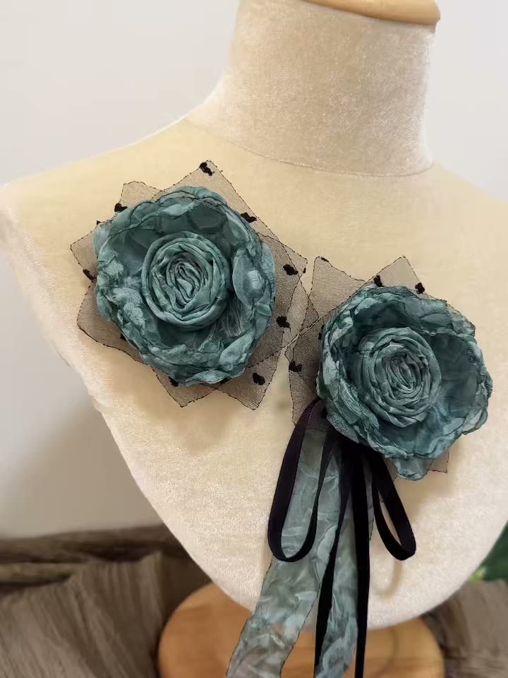 Handmade Fabric Rose Brooch Teal Tulle