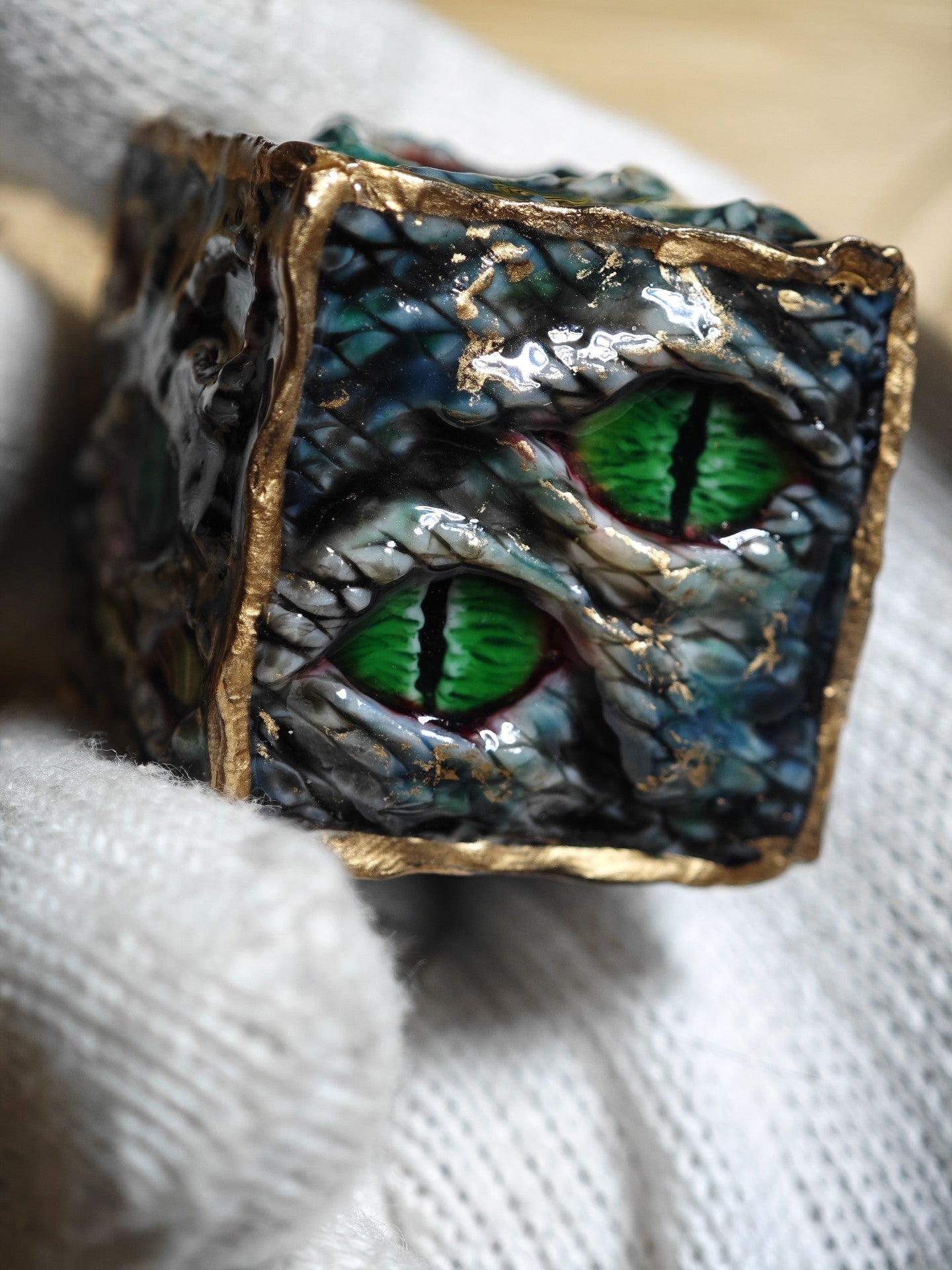 Custom Handmade Resin d20 Die with Snake Eye and Gold Leaf Design