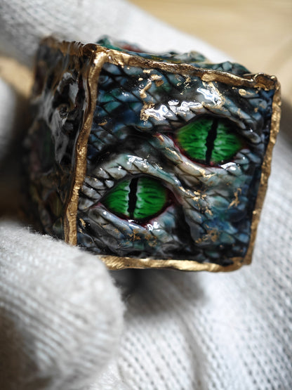 Custom Handmade Resin d20 Die with Snake Eye and Gold Leaf Design