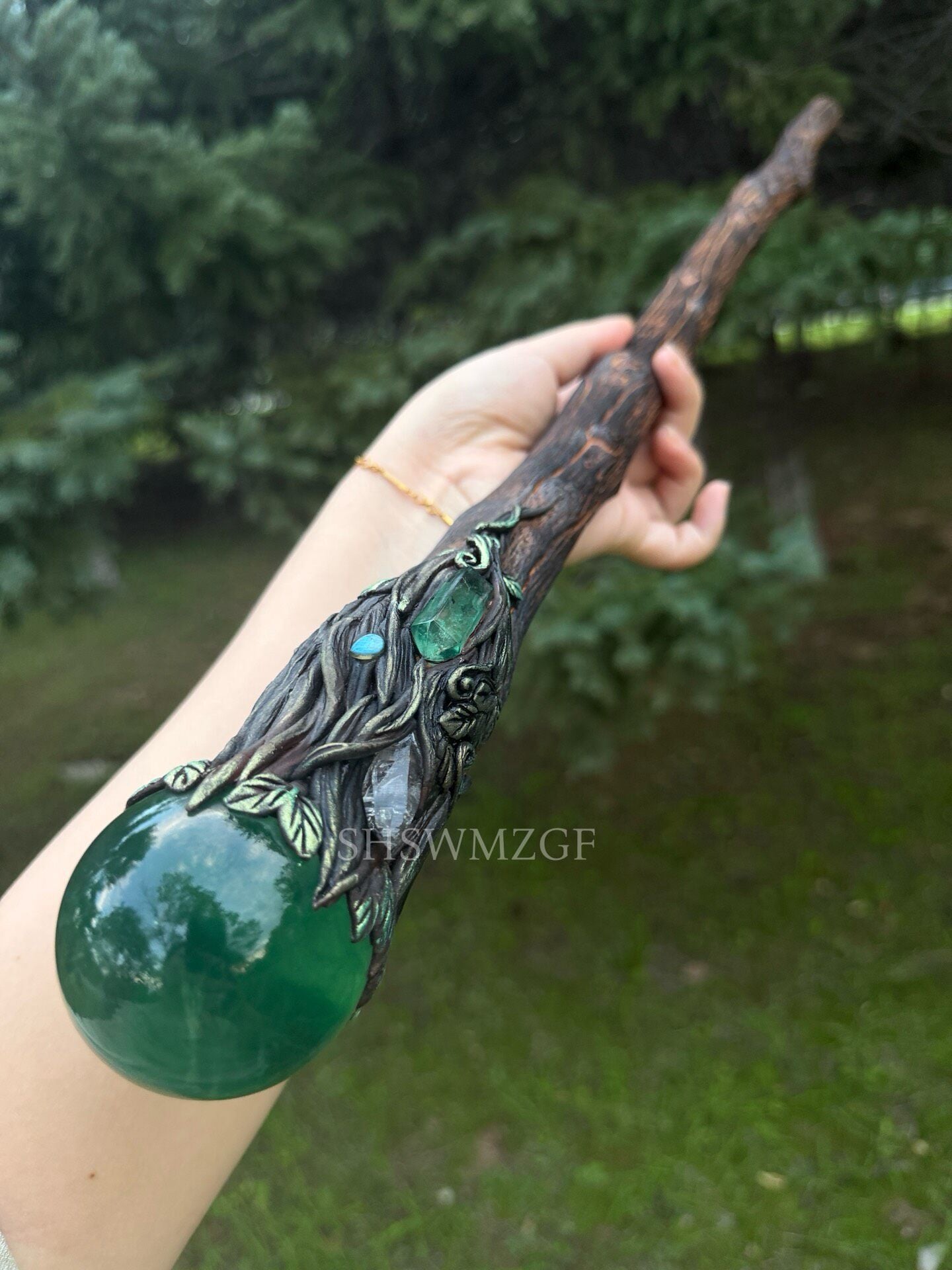 Blue-Green Fluorite Sphere Scepter with Wood Handle, 65cm