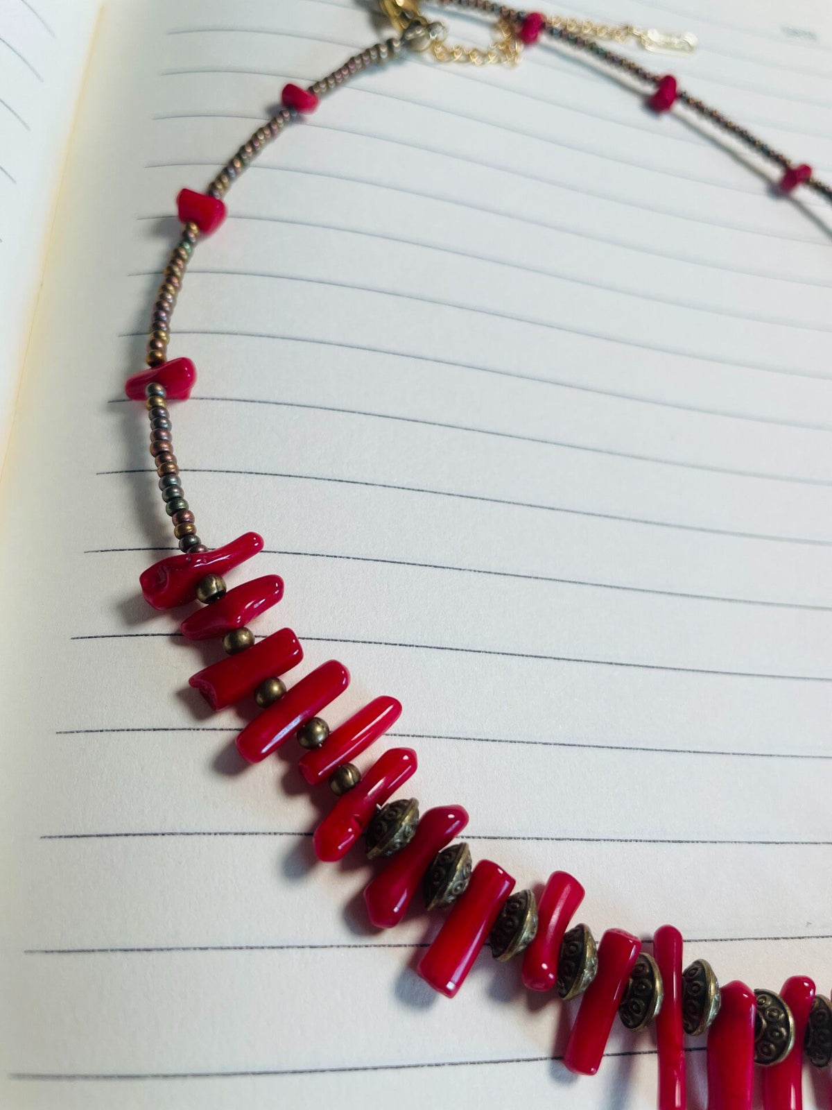 Red Plastic Beaded Necklace with Brass Spacers