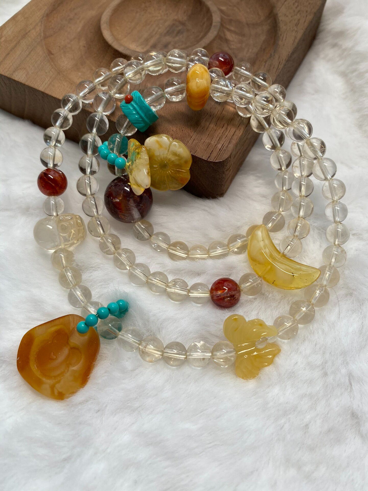 Crystal Agate Amber Pixiu Triple Wrap Bracelet