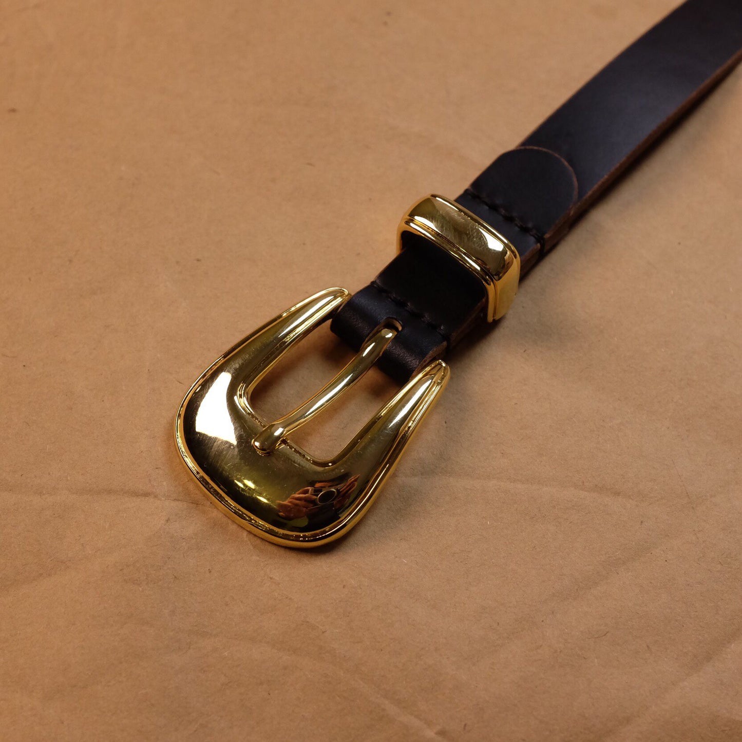 Matte Black Leather Belt with Gold-Tone Shield Buckle