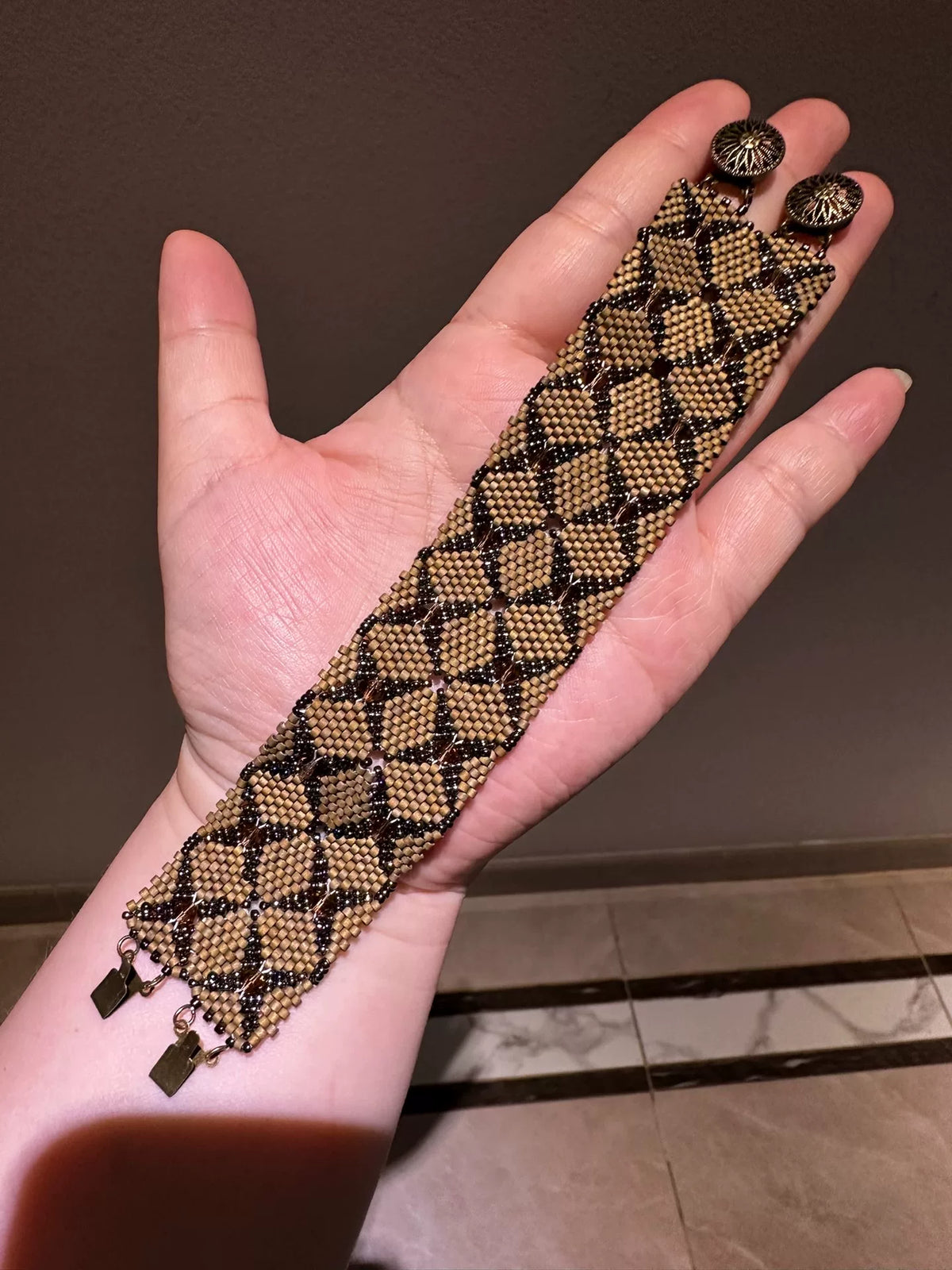 Handcrafted Wide Bead Cuff Bracelet Antique Gold Black
