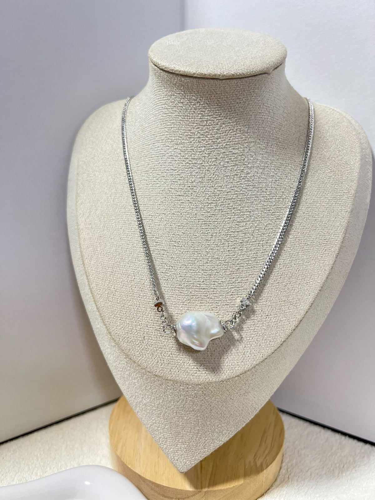 White Baroque Pearl Necklace Silver Chain