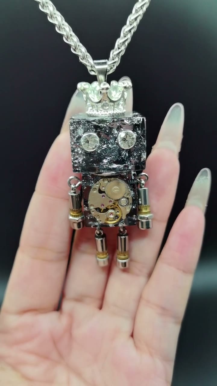 Handmade Punk Robot Pendant Necklace with Crown