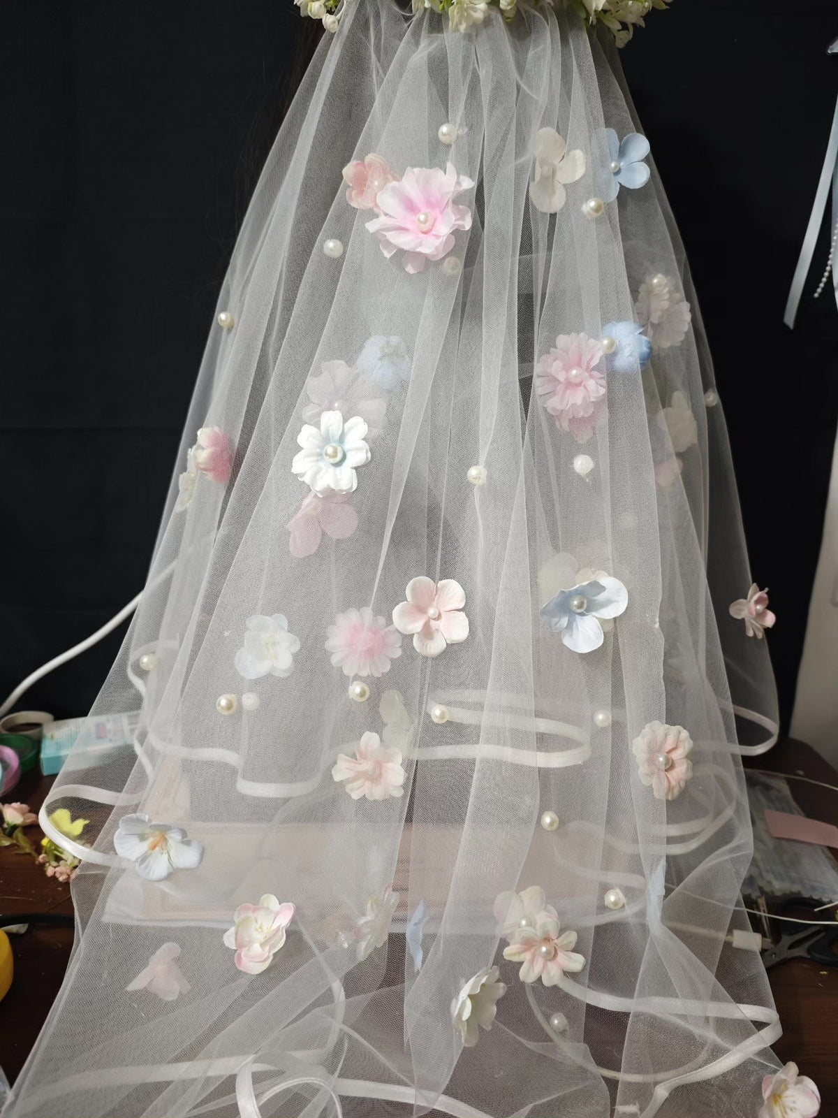 Handmade Floral Headpiece with Pearl Veil