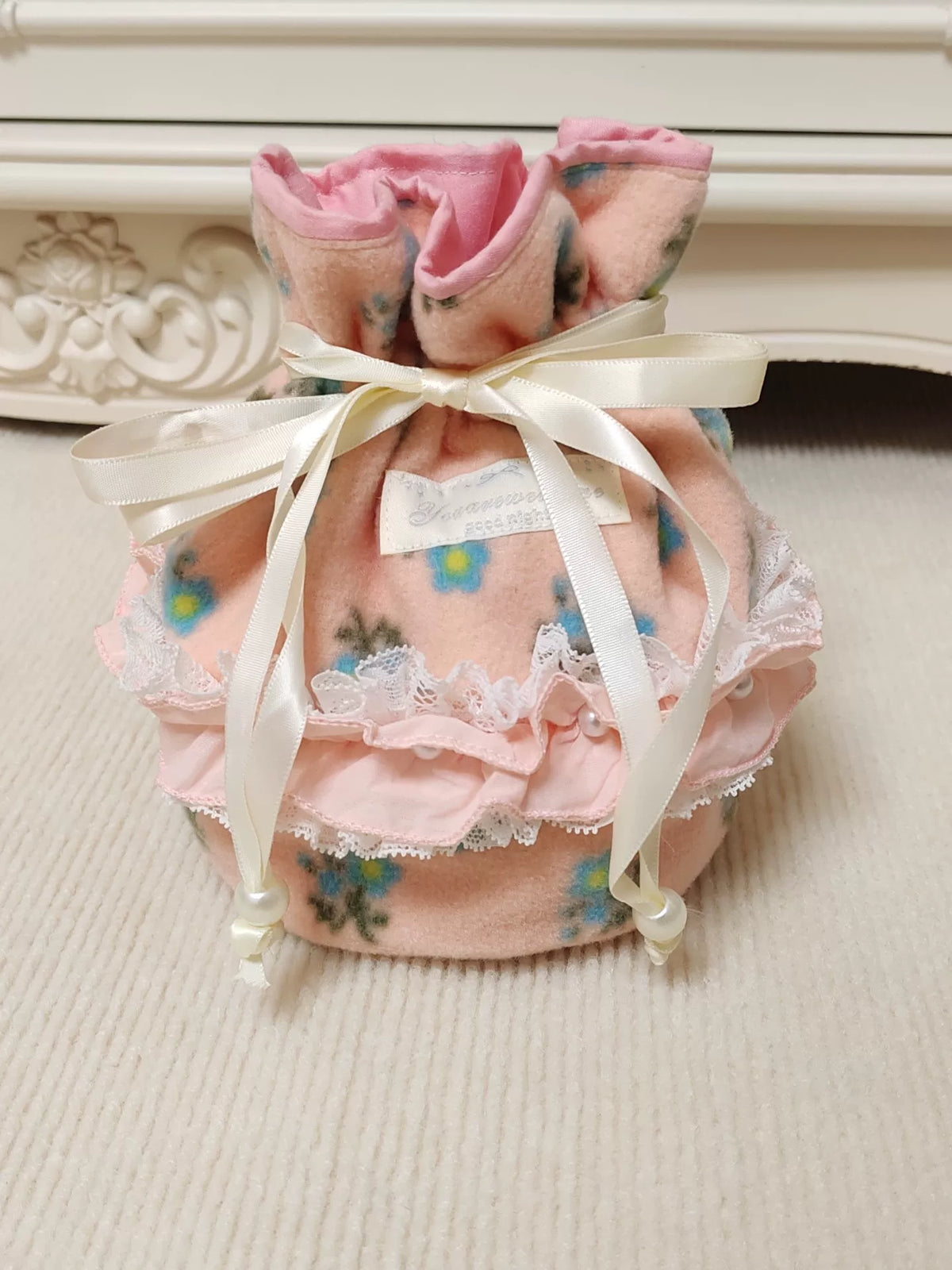Handmade Korean Velvet Drawstring Pouch Pink Floral
