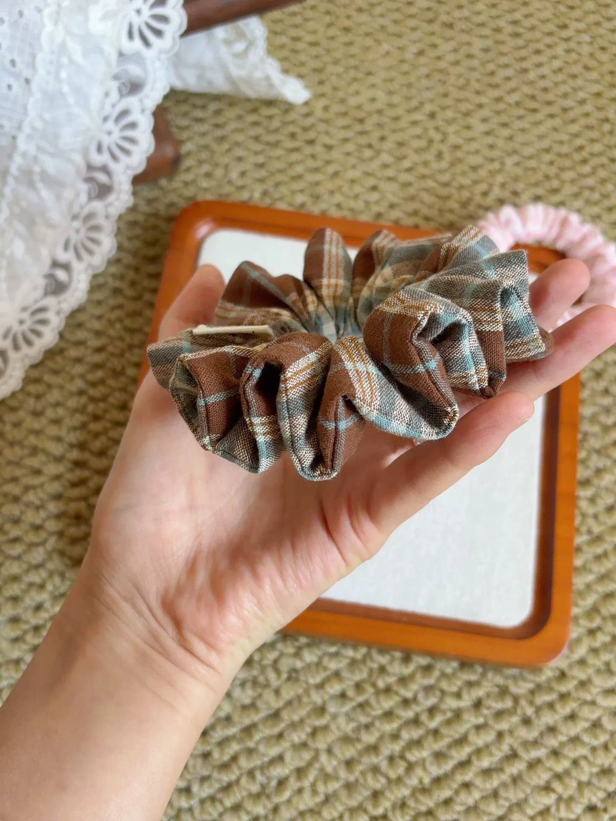 Imported Plaid Multi Pleat Scrunchie Set