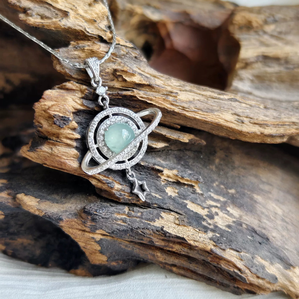 Natural Blue Jadeite Planet Pendant in Silver