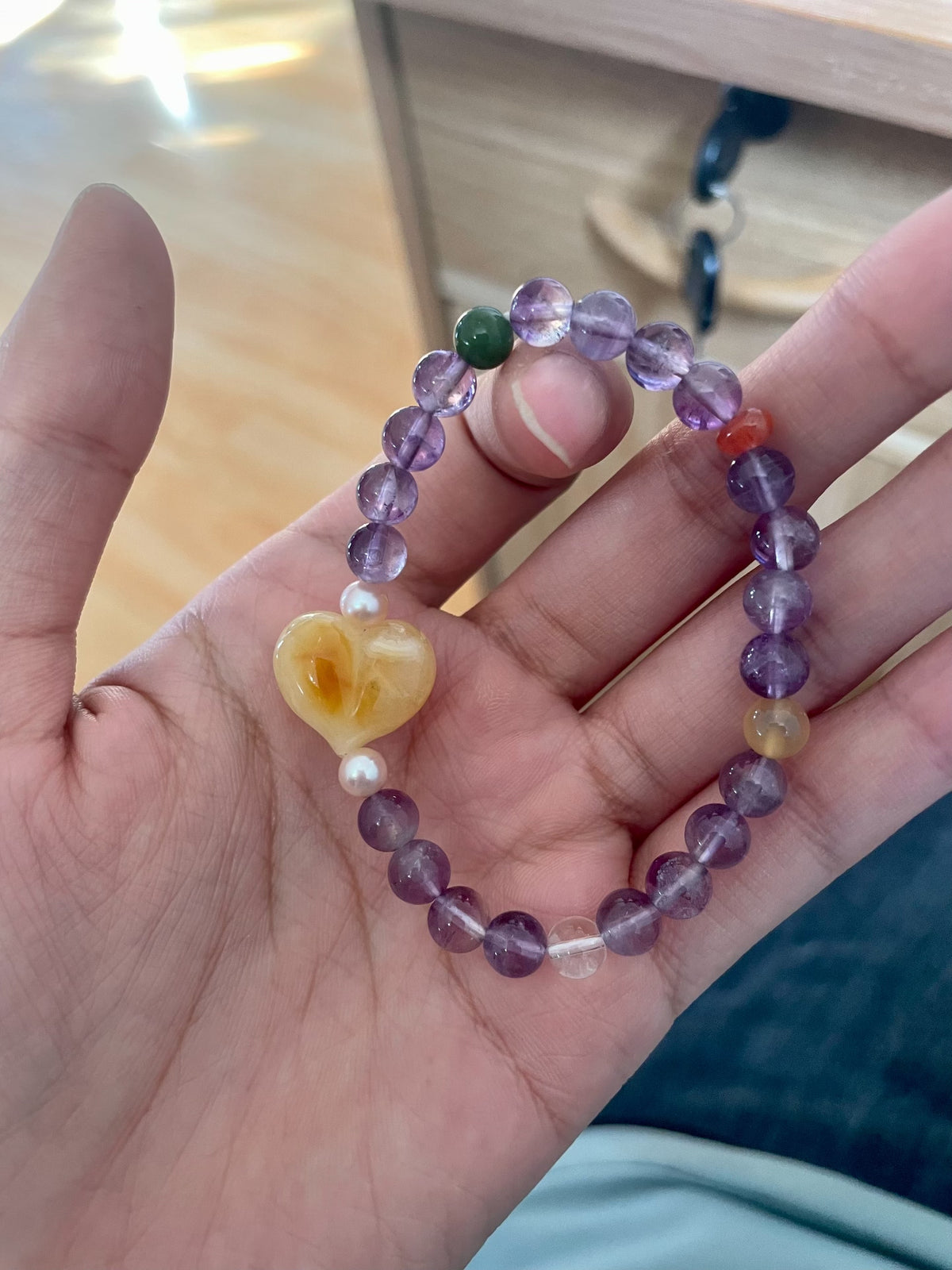 Amber Heart Amethyst Beaded Bracelet