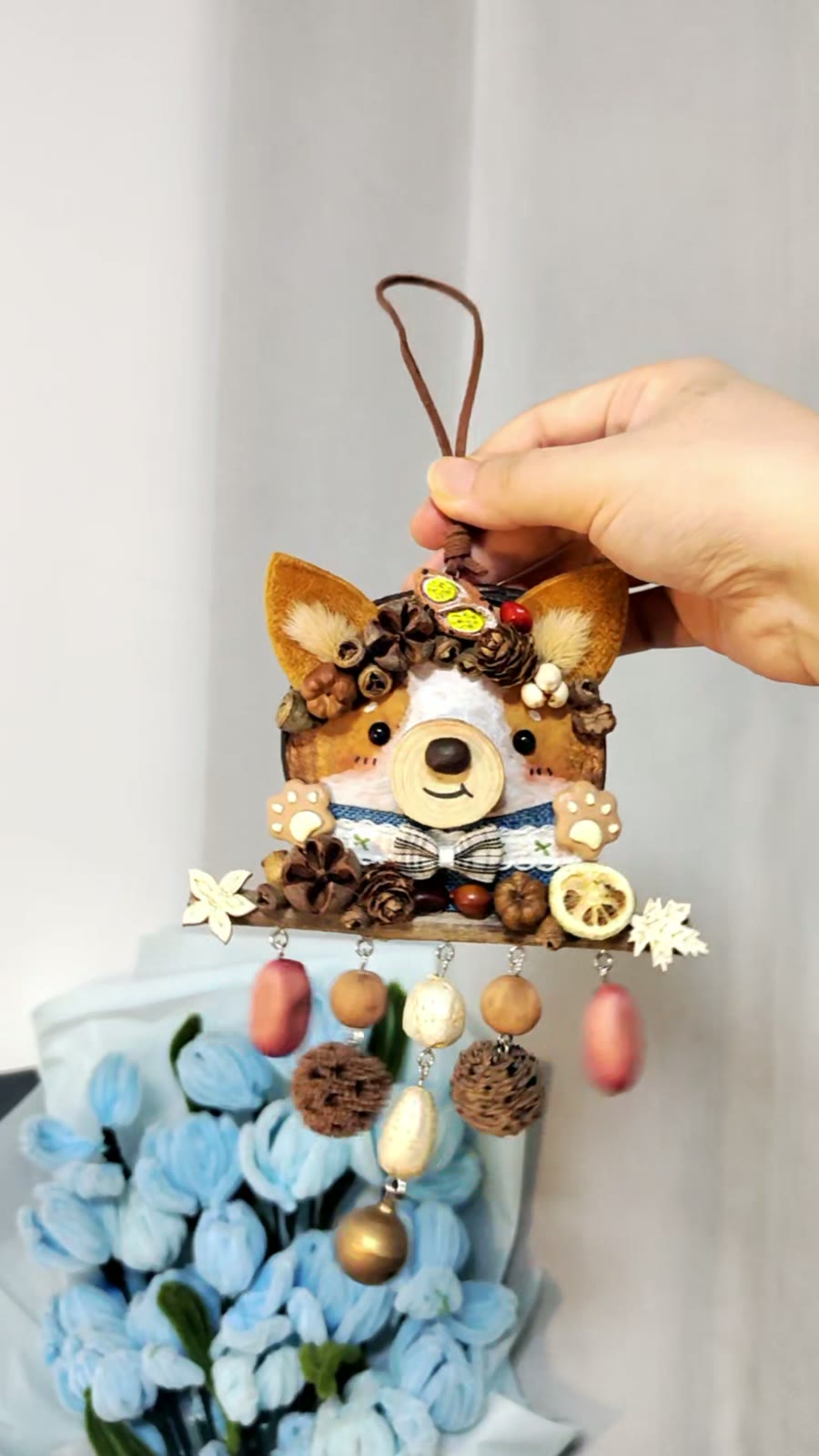 Handgemaakte Entada Zaadappel Corgi Gezicht Ornament