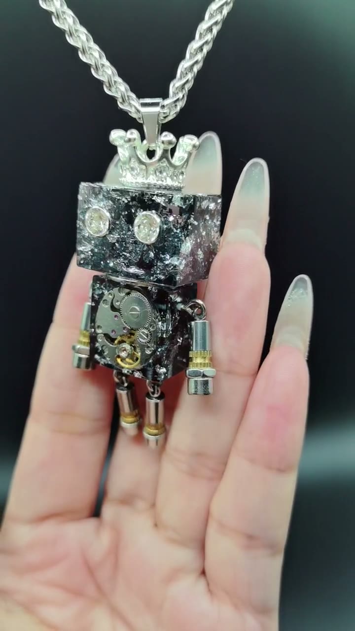 Handmade Punk Robot Pendant Necklace with Crown