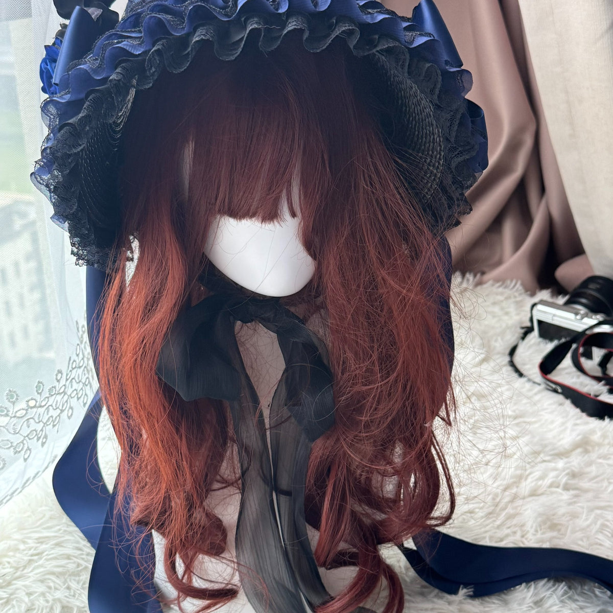 Handcrafted Lolita Hat Black Blue Pearl Tassel