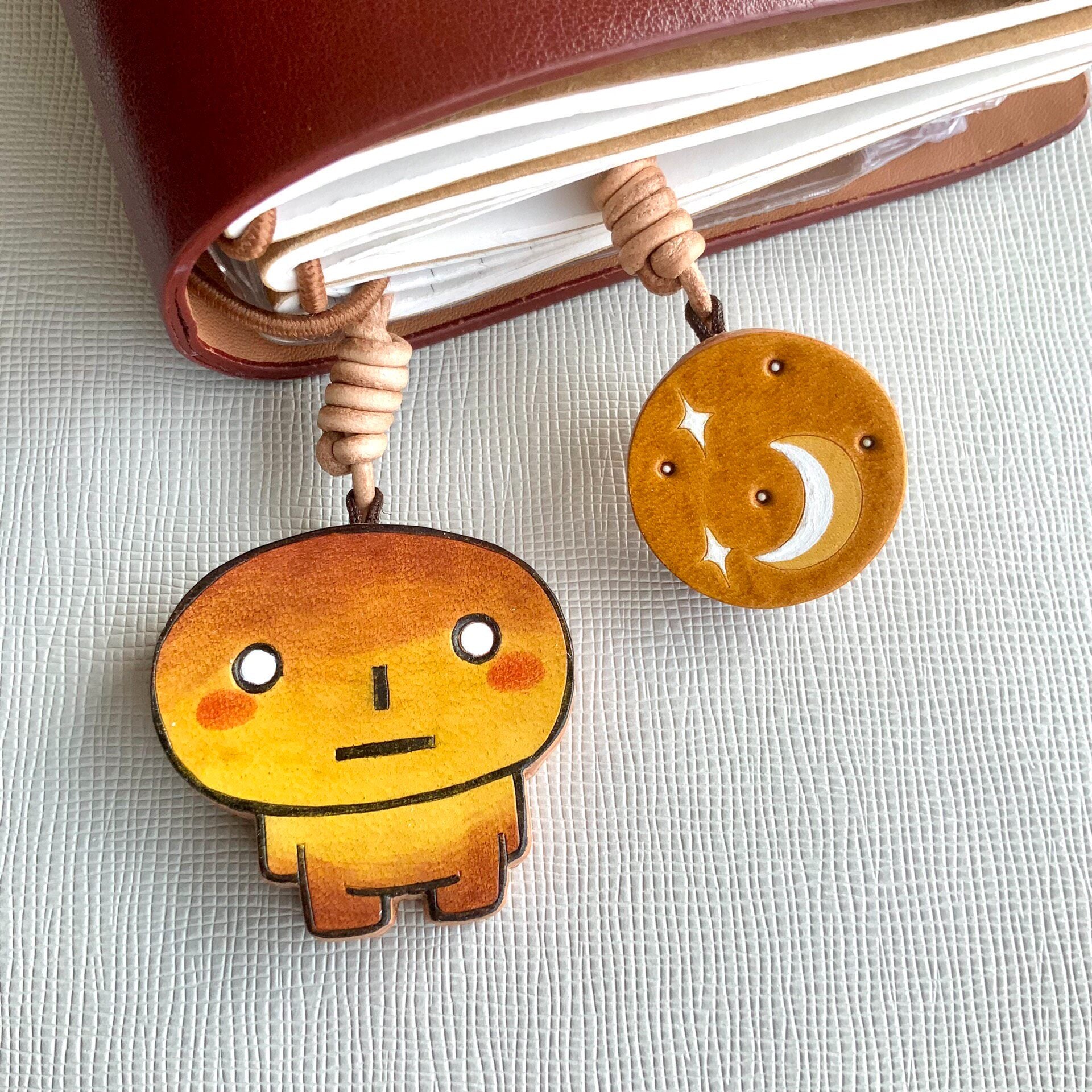 Hand-Painted Leather Charms: Bread Character & Moon Star Set