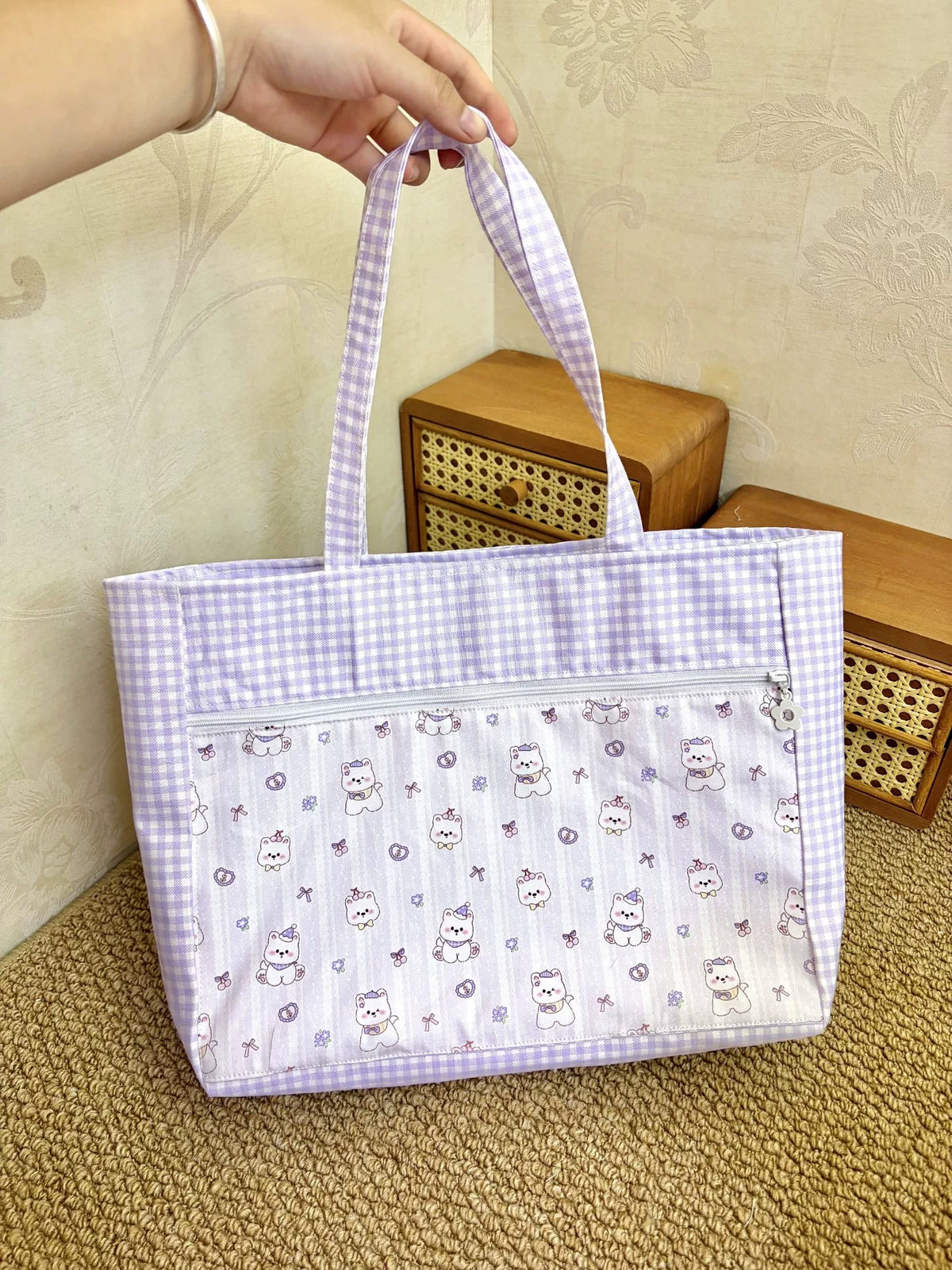 くまプリントポケット付き ハンドメイド ギンガムチェック トートバッグ