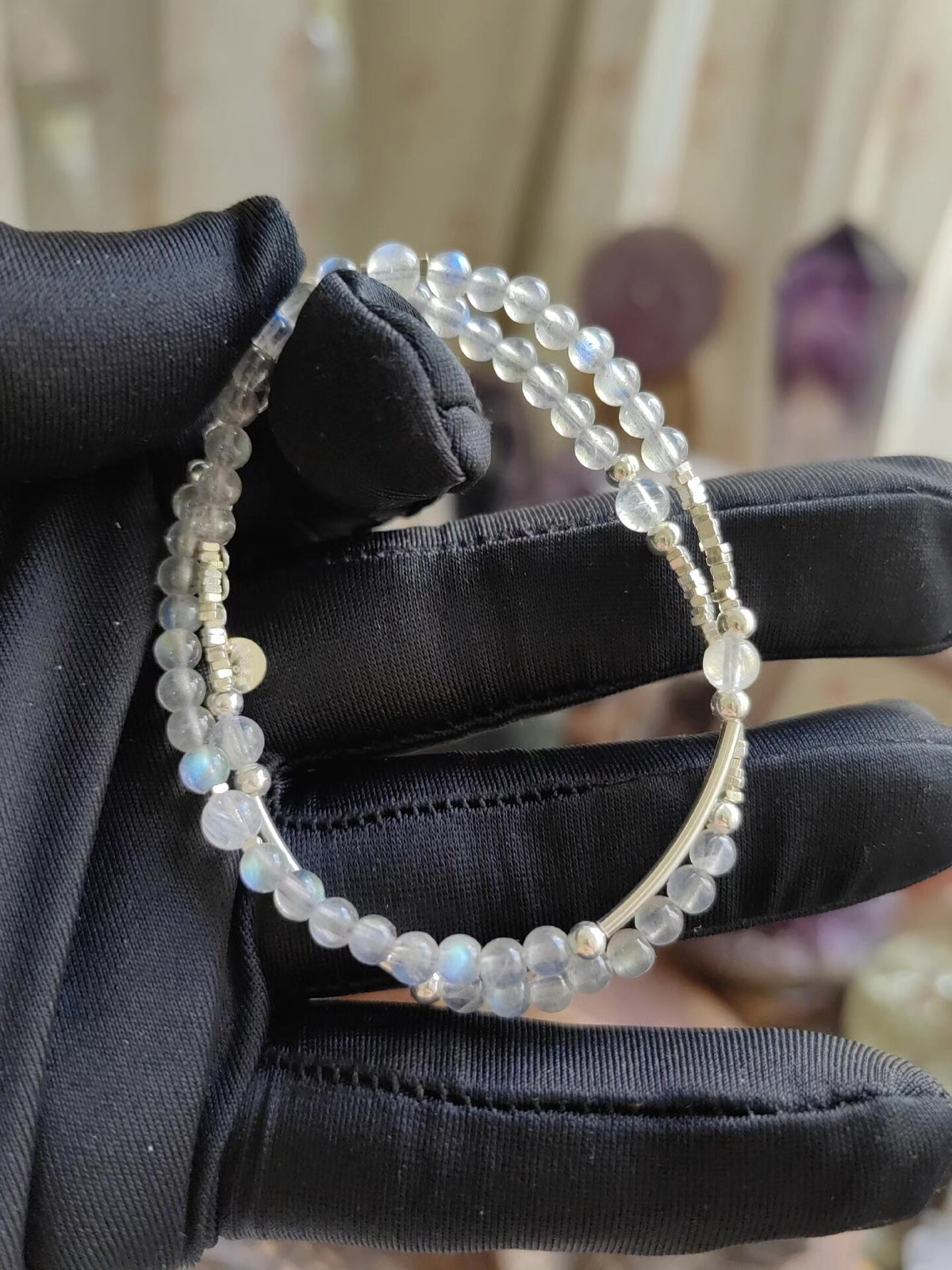 Grauer Mondstein und blauer Labradorit Armband in Silber
