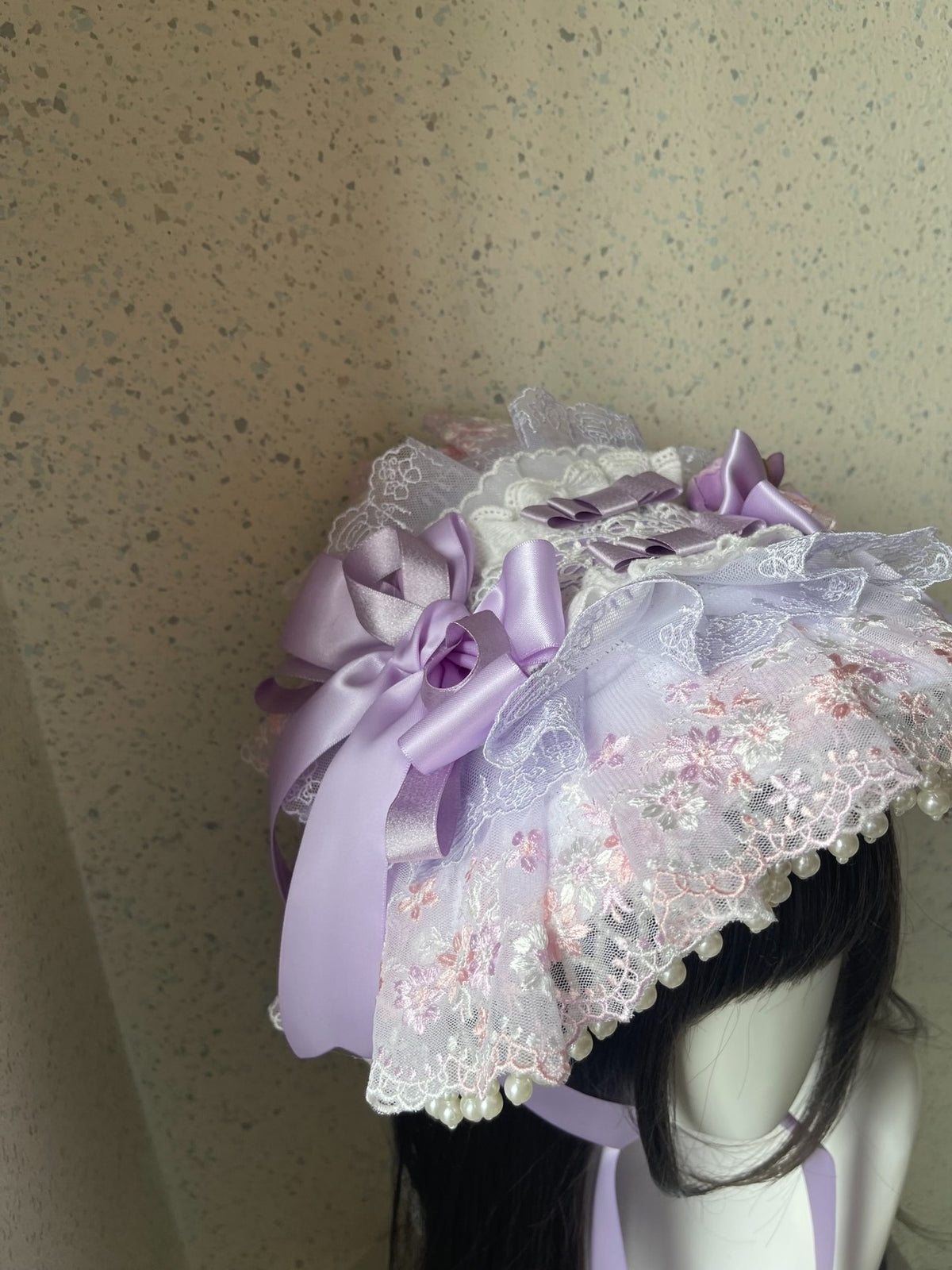 Lolita Lace Bonnet with Pearl Trim