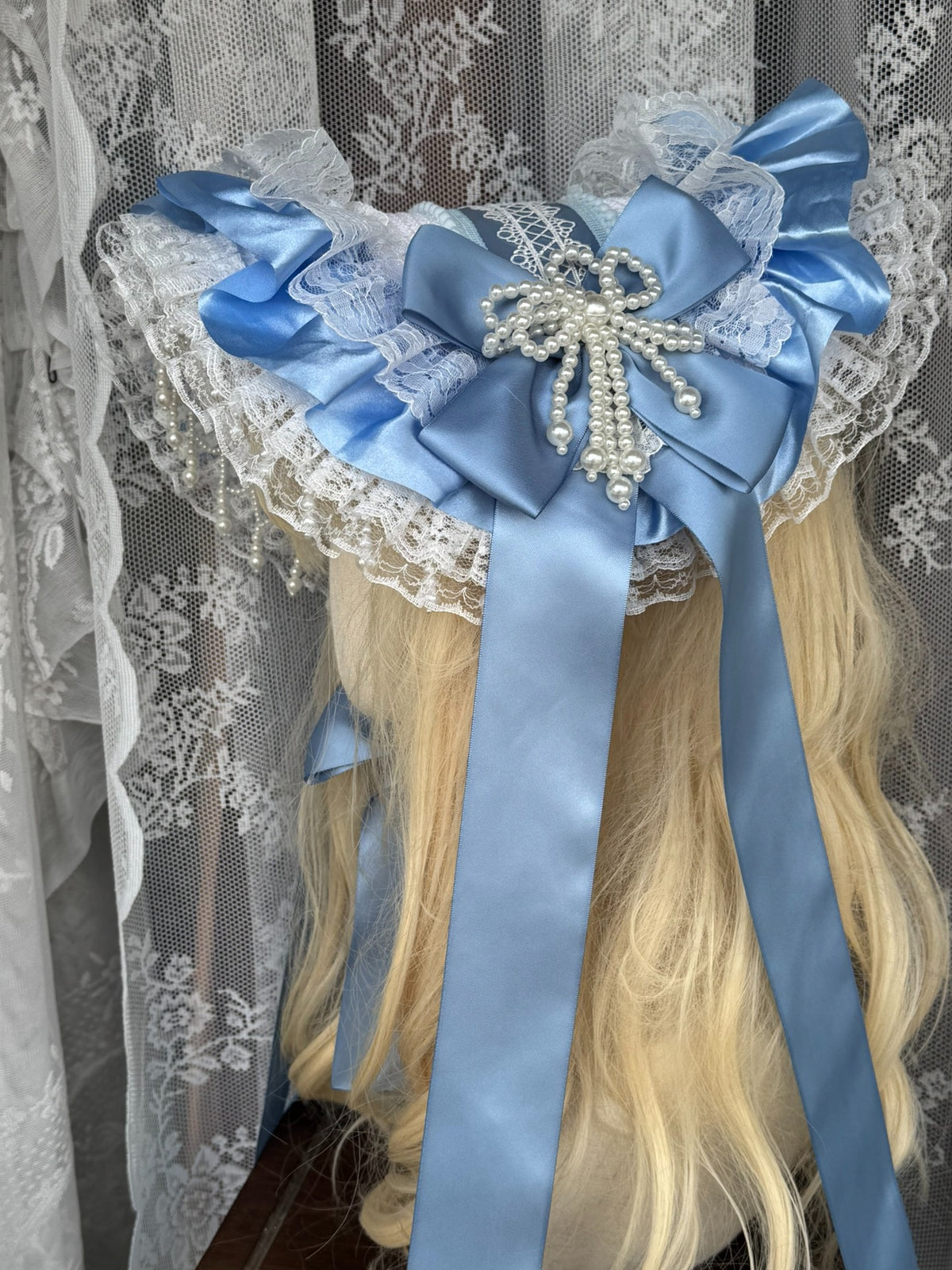 Handmade Blue Lace Bonnet Lolita Headpiece