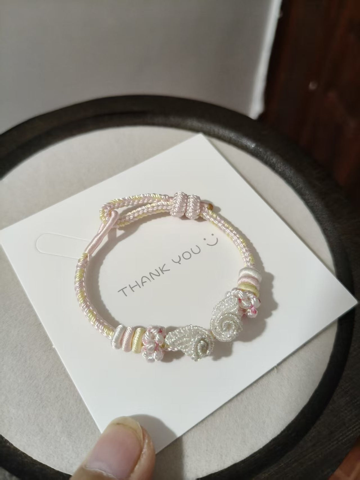 Handwoven Pink Gradient Bracelet with Flowers