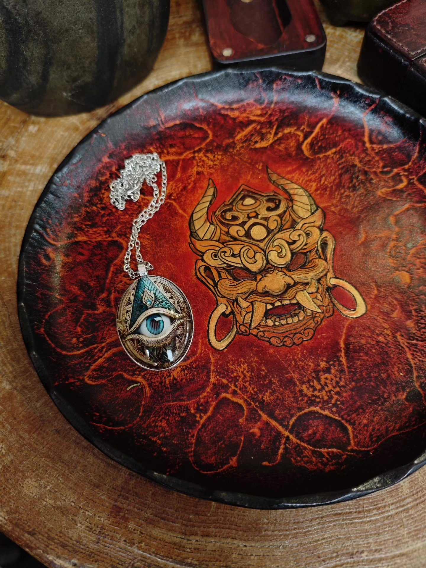 Handcrafted Leather Tray with Lava Gradient and Raised Mask Carving