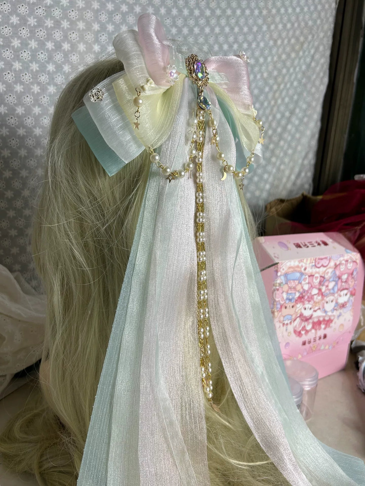 Laço de Cabelo em Camadas Pastel Rosa e Verde
