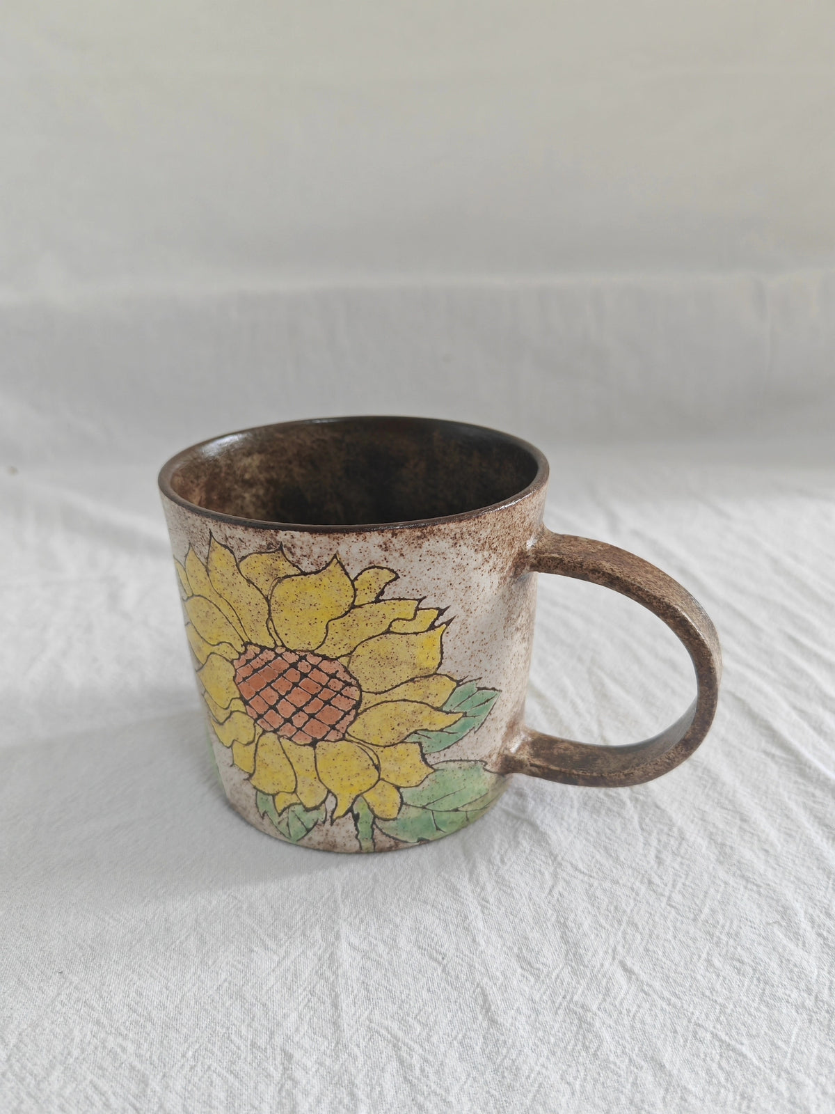 Handmade Black Pottery Coffee Mug Sunflower