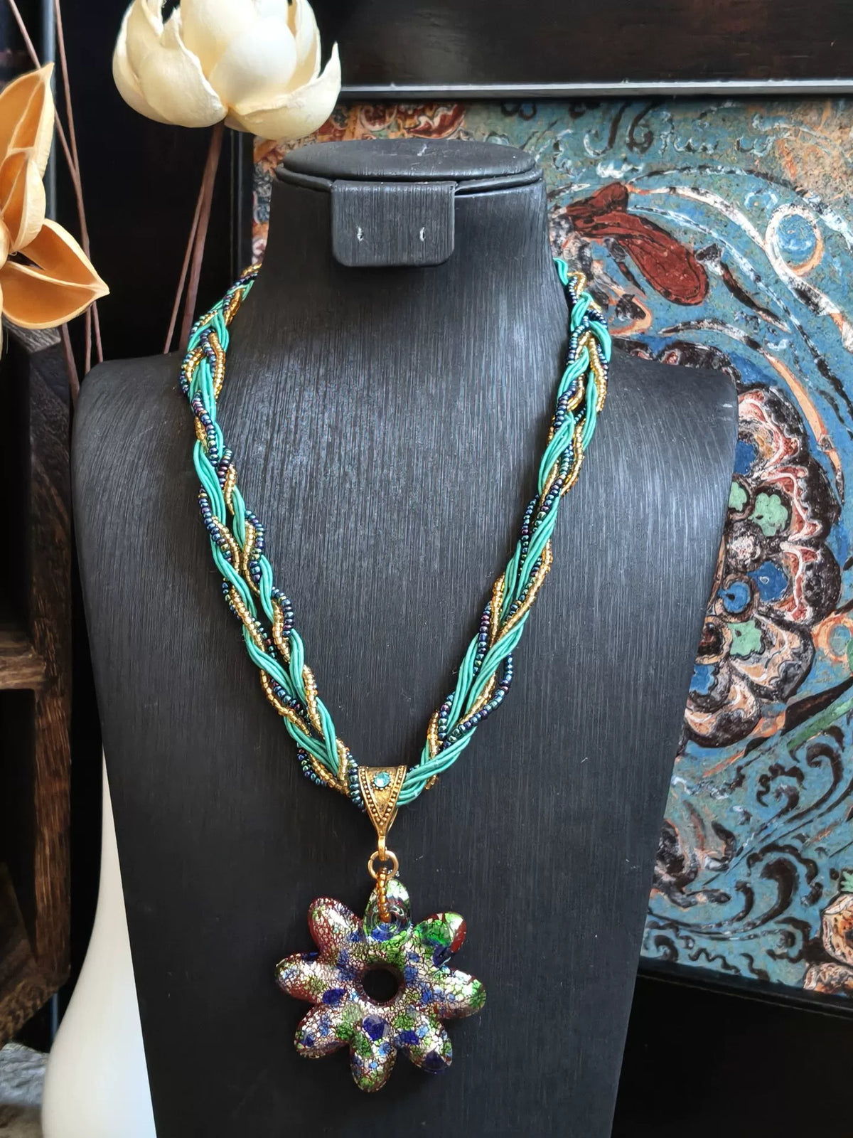 Woven Cord Flower Glass Pendant Necklace