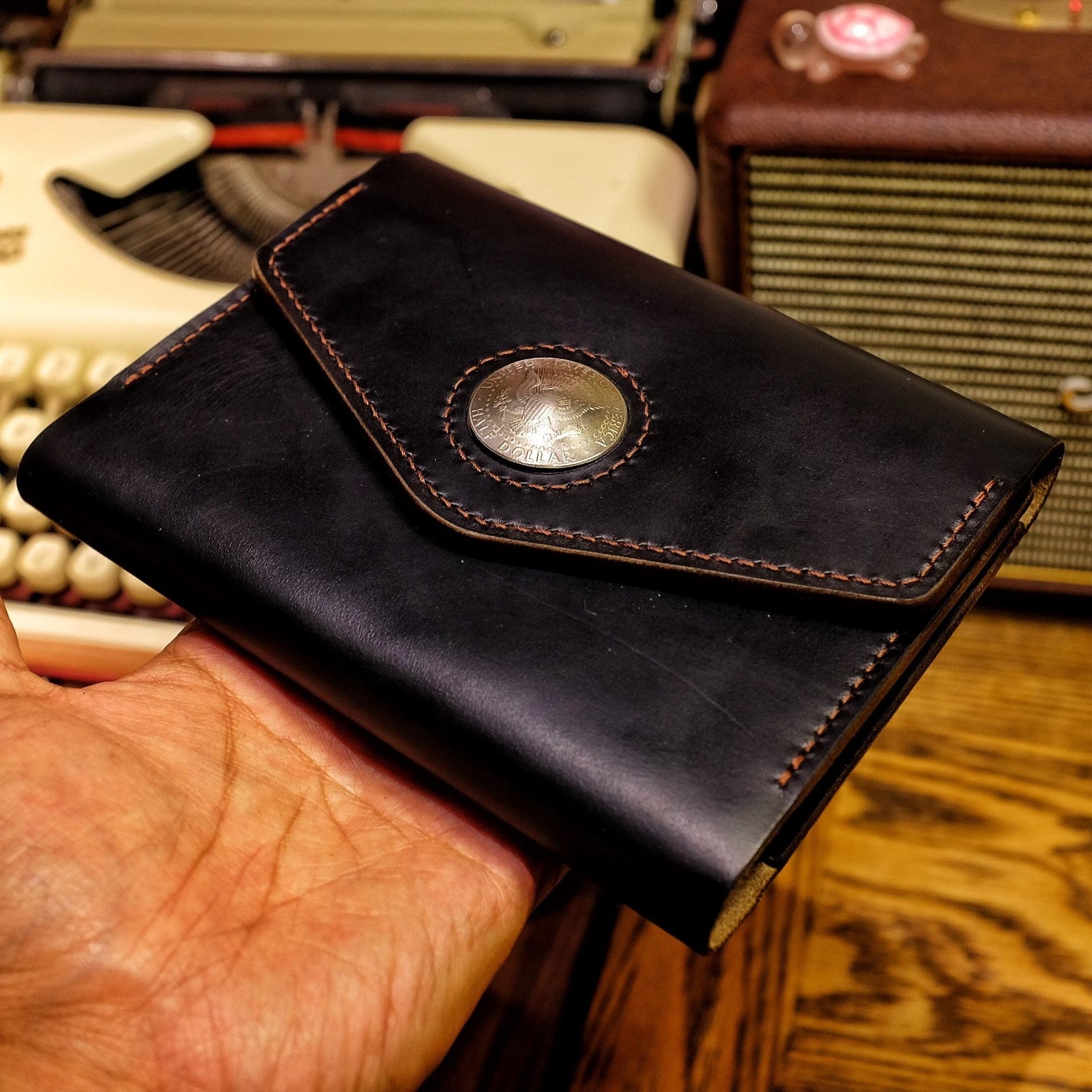 A6 Notebook Cover - Black Horween CXL Leather with Half Dollar Coin Closure